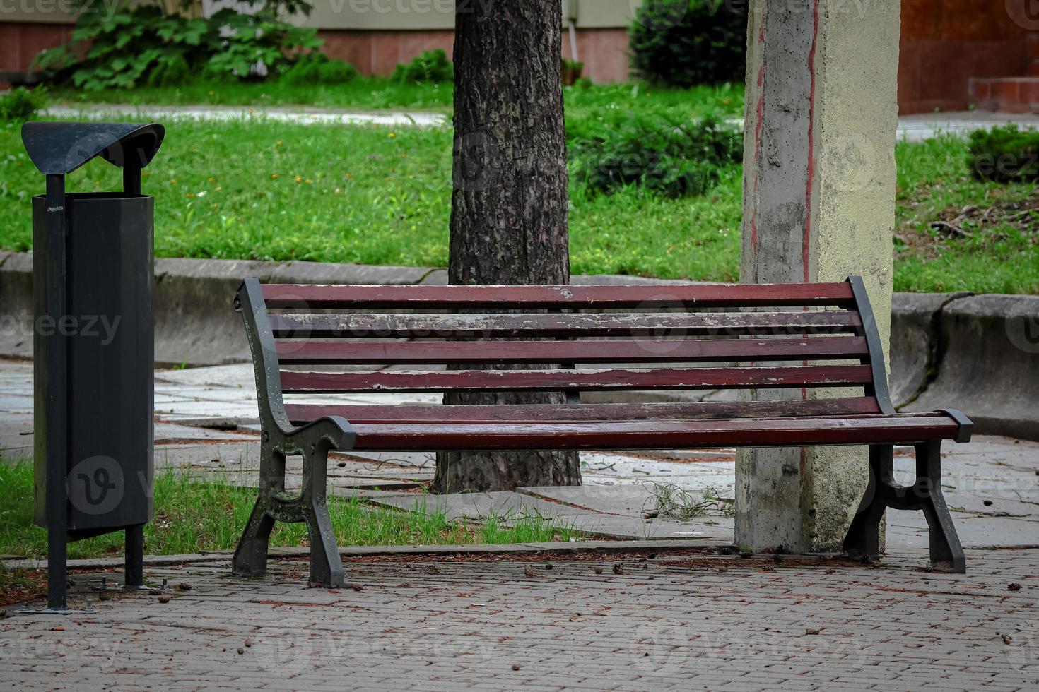 Brown wooden bench with a decorative ornate metal legs standing in a park with green lawn near a black trash bin photo