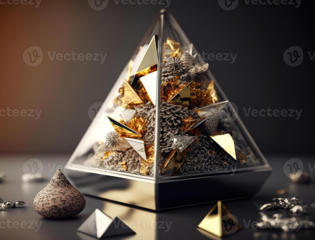 Abstract chaotic geometric background Glossy pyramids and spheres background created with technology photo