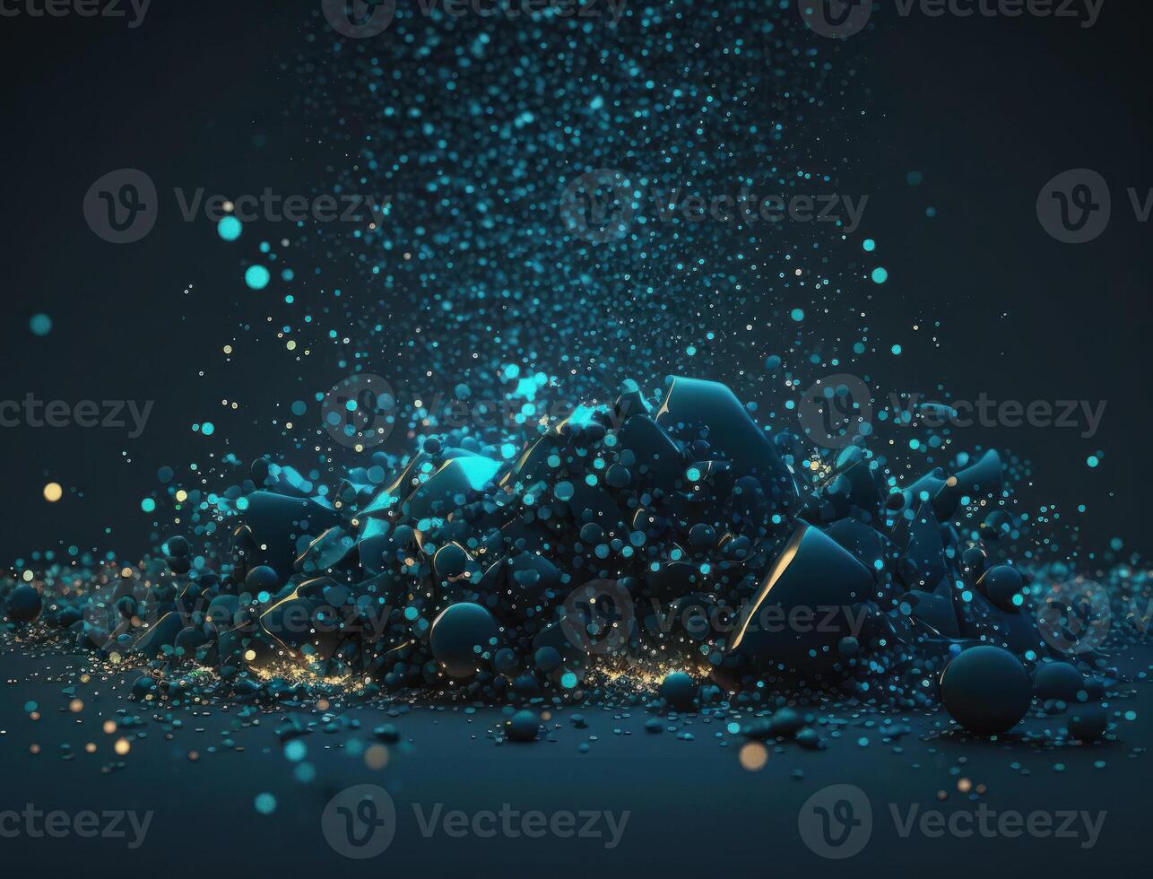 Dark blue and glow particle abstract background Blurry bokeh background with sparkles, particles and glitter created with technology photo