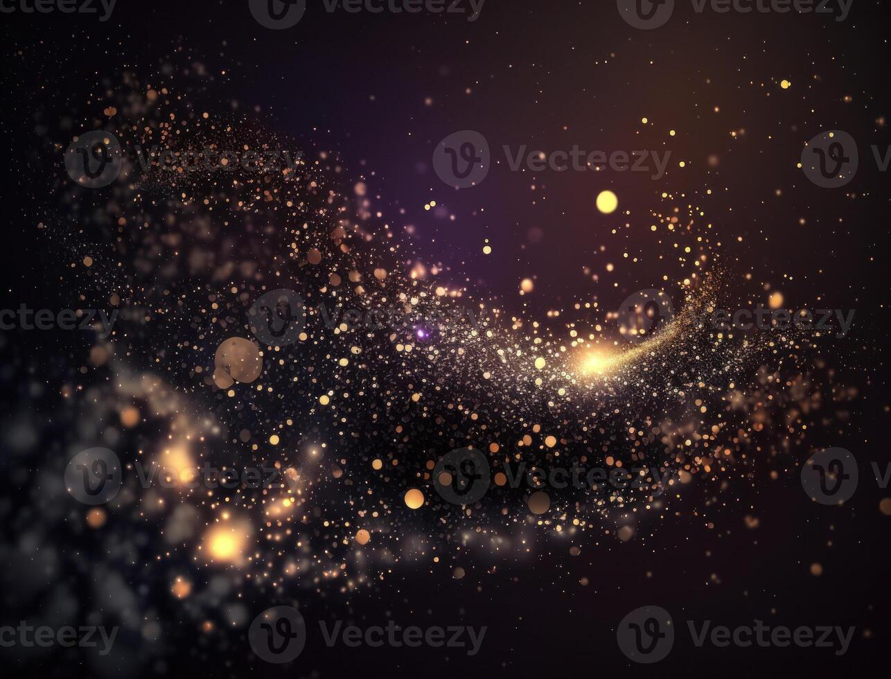 Dark blue and glow particle abstract background Blurry bokeh background with sparkles, particles and glitter created with technology photo