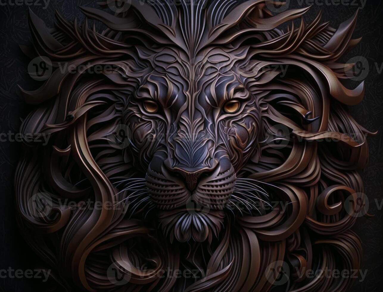 Close-up portrait of Lion in a wooden carved frame with plant elements background technology photo