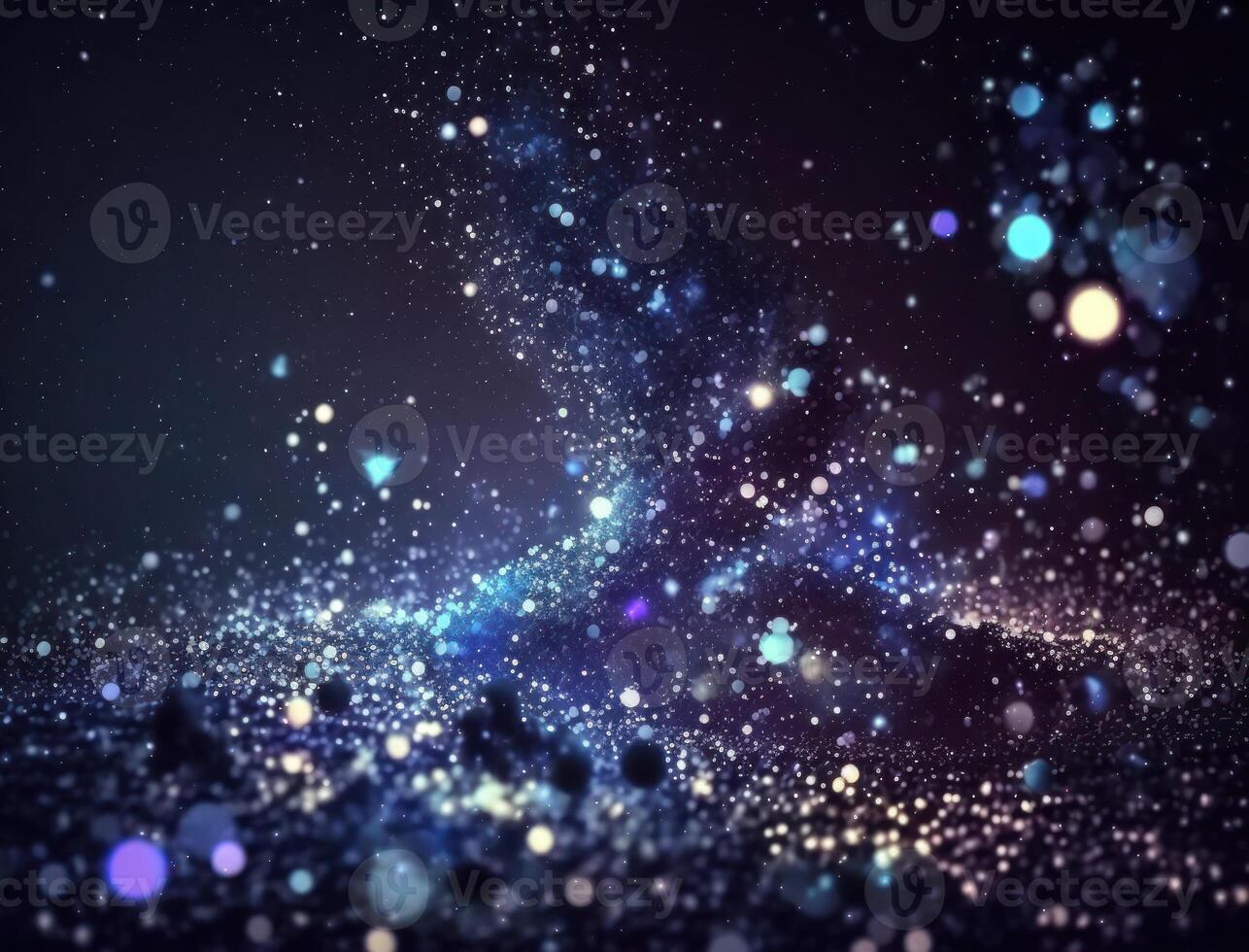 Dark blue and glow particle abstract background Blurry bokeh background with sparkles, particles and glitter created with technology photo