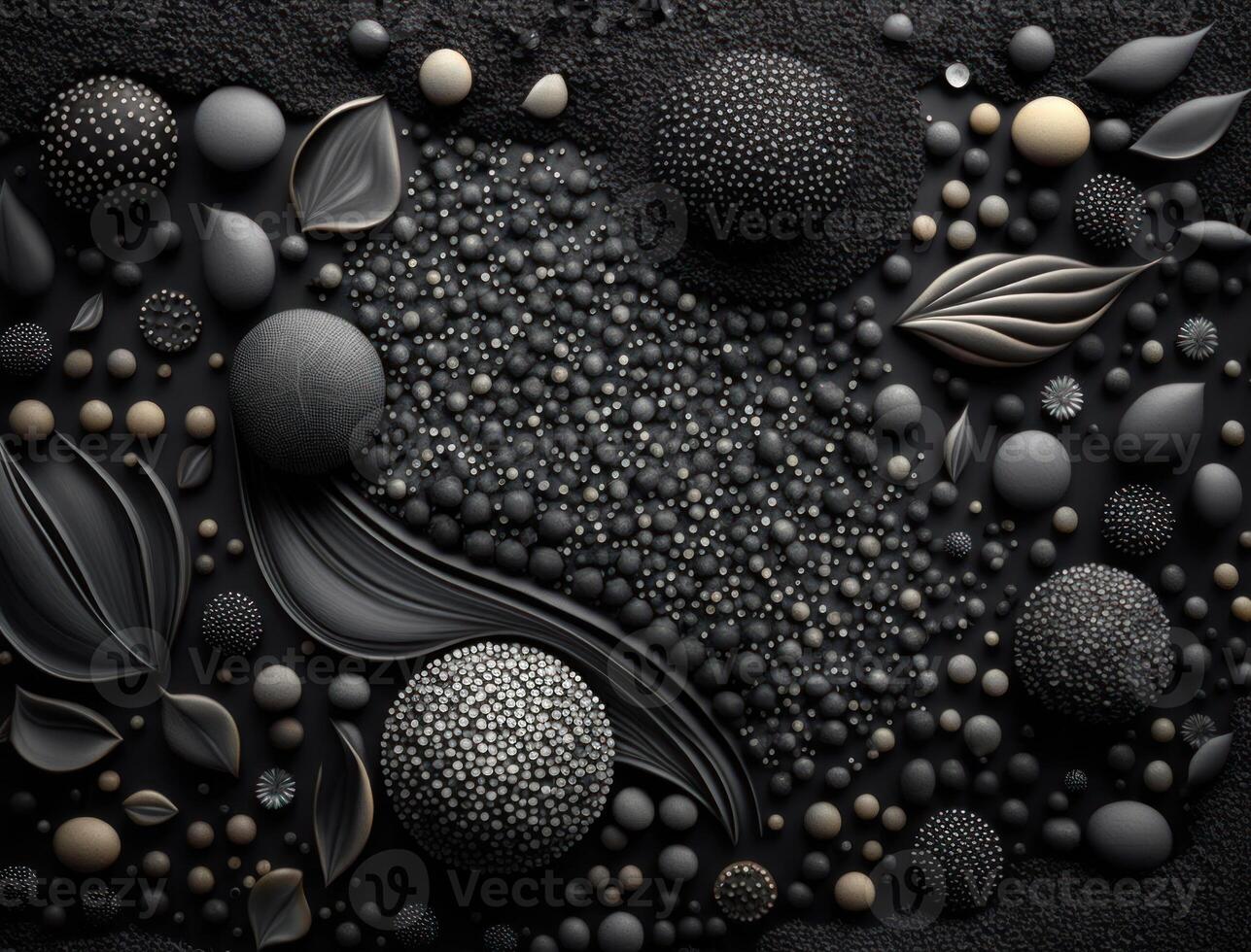 Abstract black geometric background Various sand seed shapes Flat lay created with technology photo