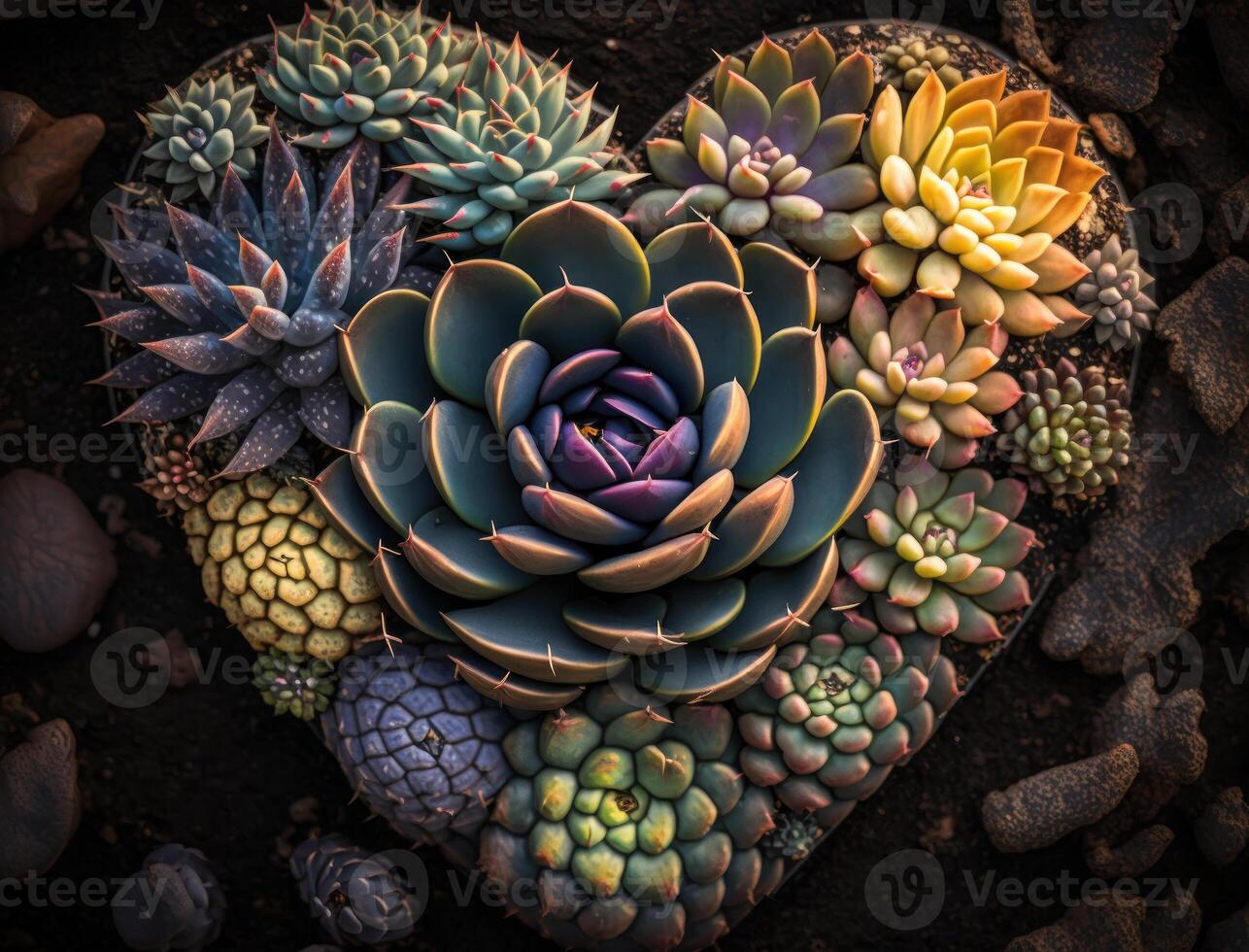 Green heart made by various succulents Environmental protection concept created with technology photo