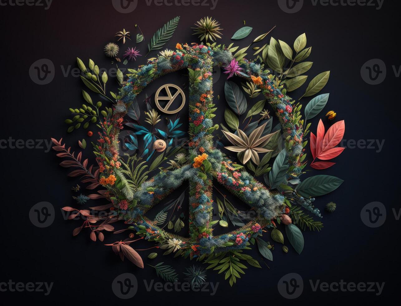 Peace symbol made by floral elements created with technology photo