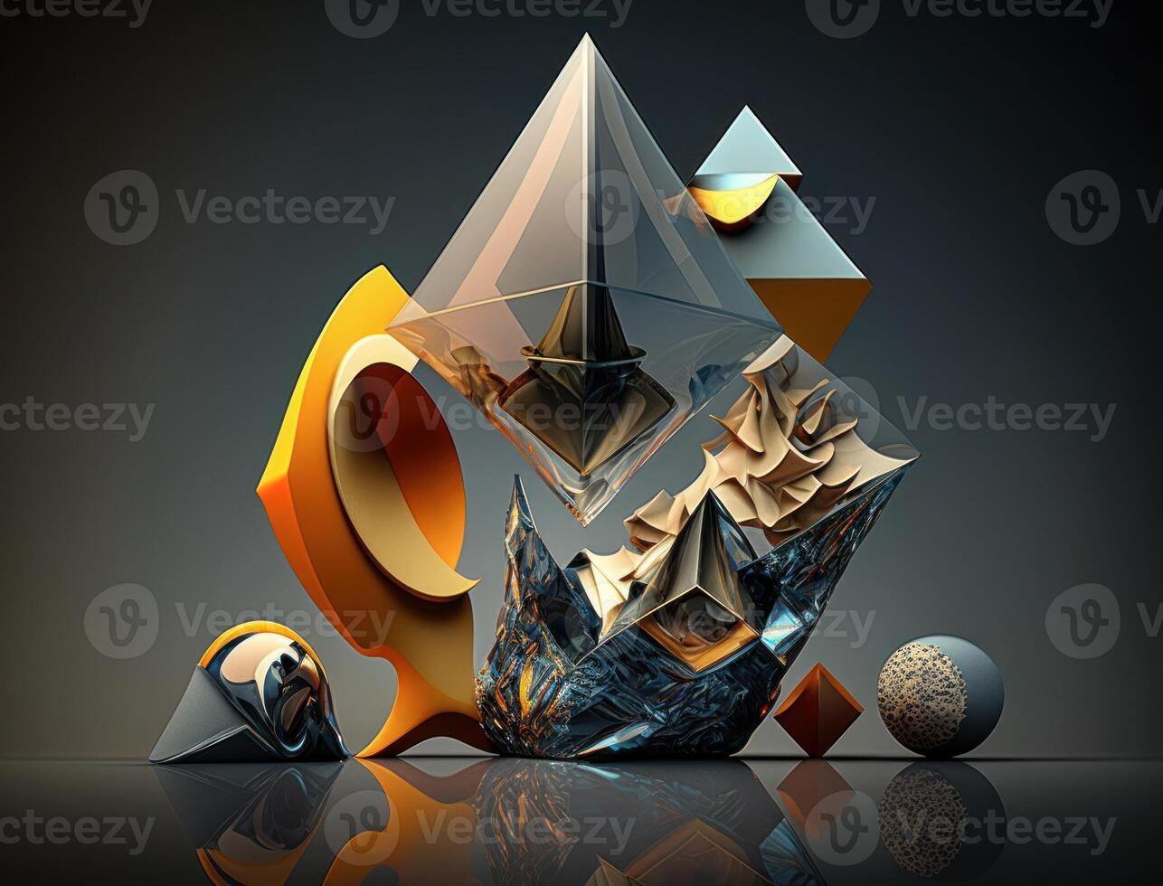 Abstract chaotic geometric background Glossy pyramids and spheres background created with technology photo