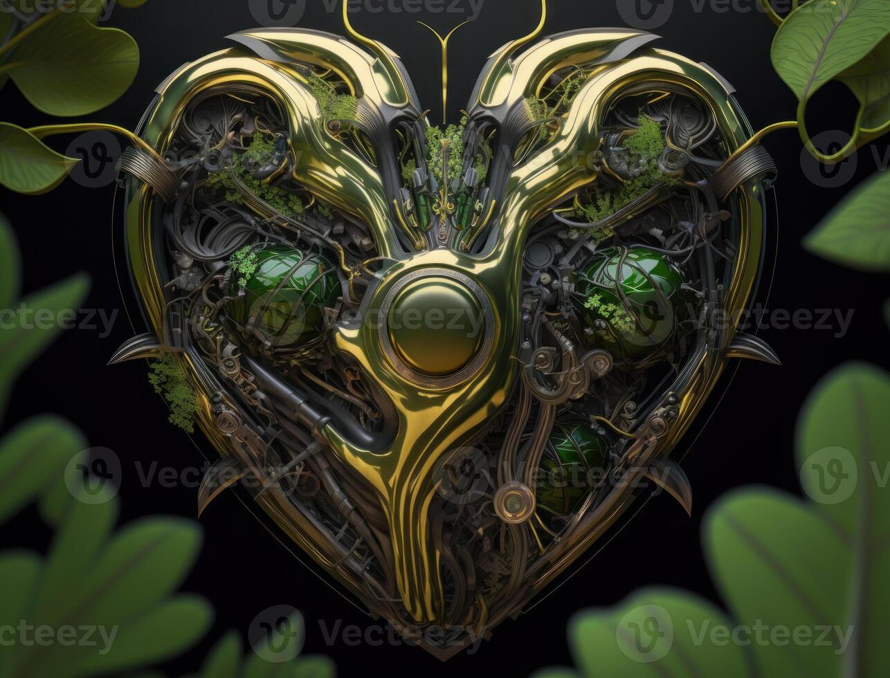 Green and gold metallic heart that represents environmental protection created with technology photo