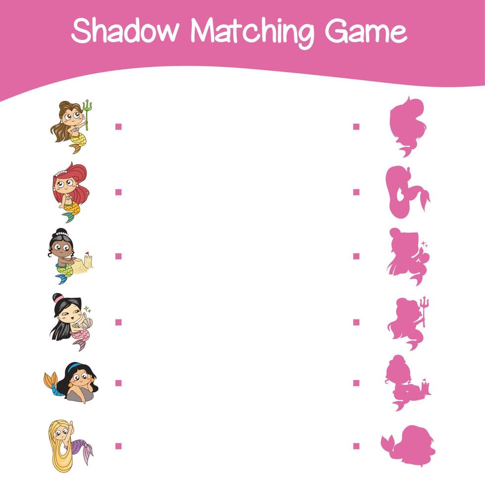 Mermaids matching shadow game for Preschool Children. Educational printable worksheet. Cute adorable mermaids. Vector illustration.