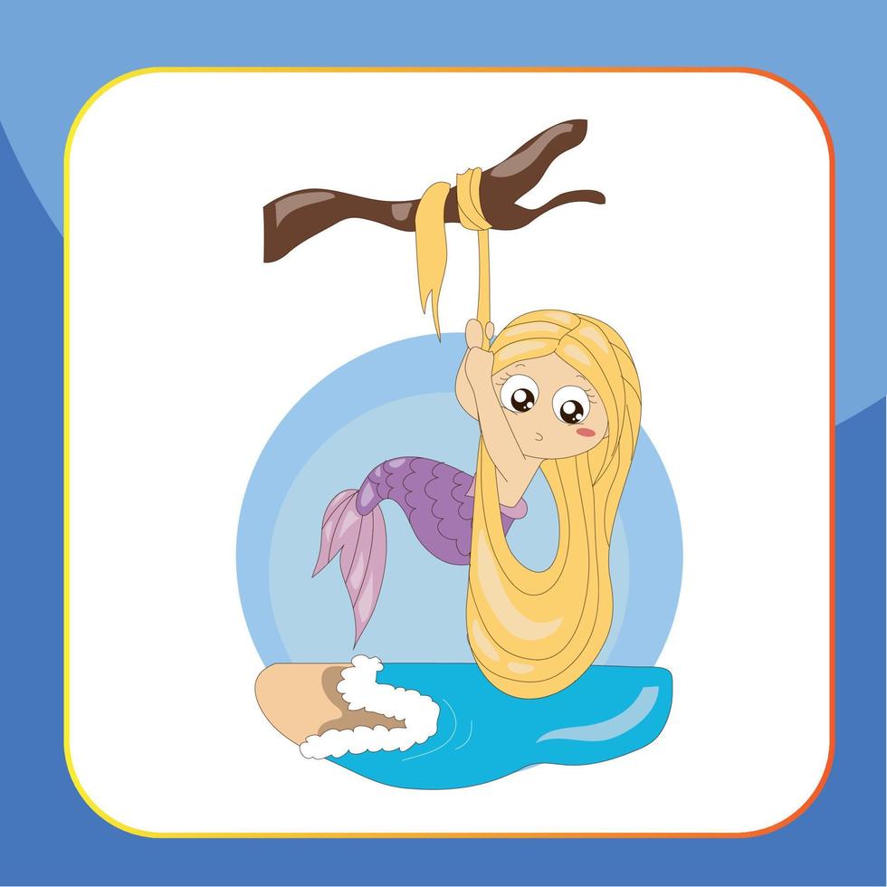 Cute Mermaid Flashcard for Children. Ready to print. Printable game card. Educational card for preschool. Vector illustration.