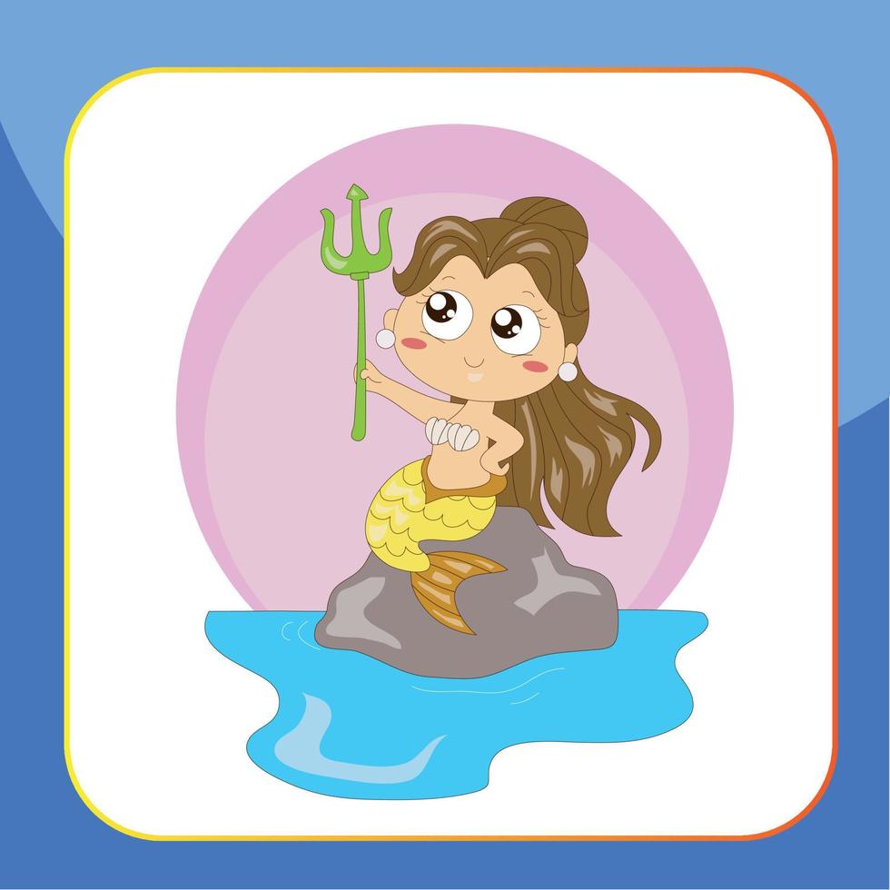 Cute Mermaid Flashcard for Children. Ready to print. Printable game card. Educational card for preschool. Vector illustration.