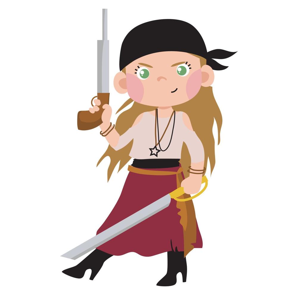 Cute little pirate on white background for kids fashion artworks, children books, birthday invitations, greeting cards, posters. Fantasy cartoon vector illustration.
