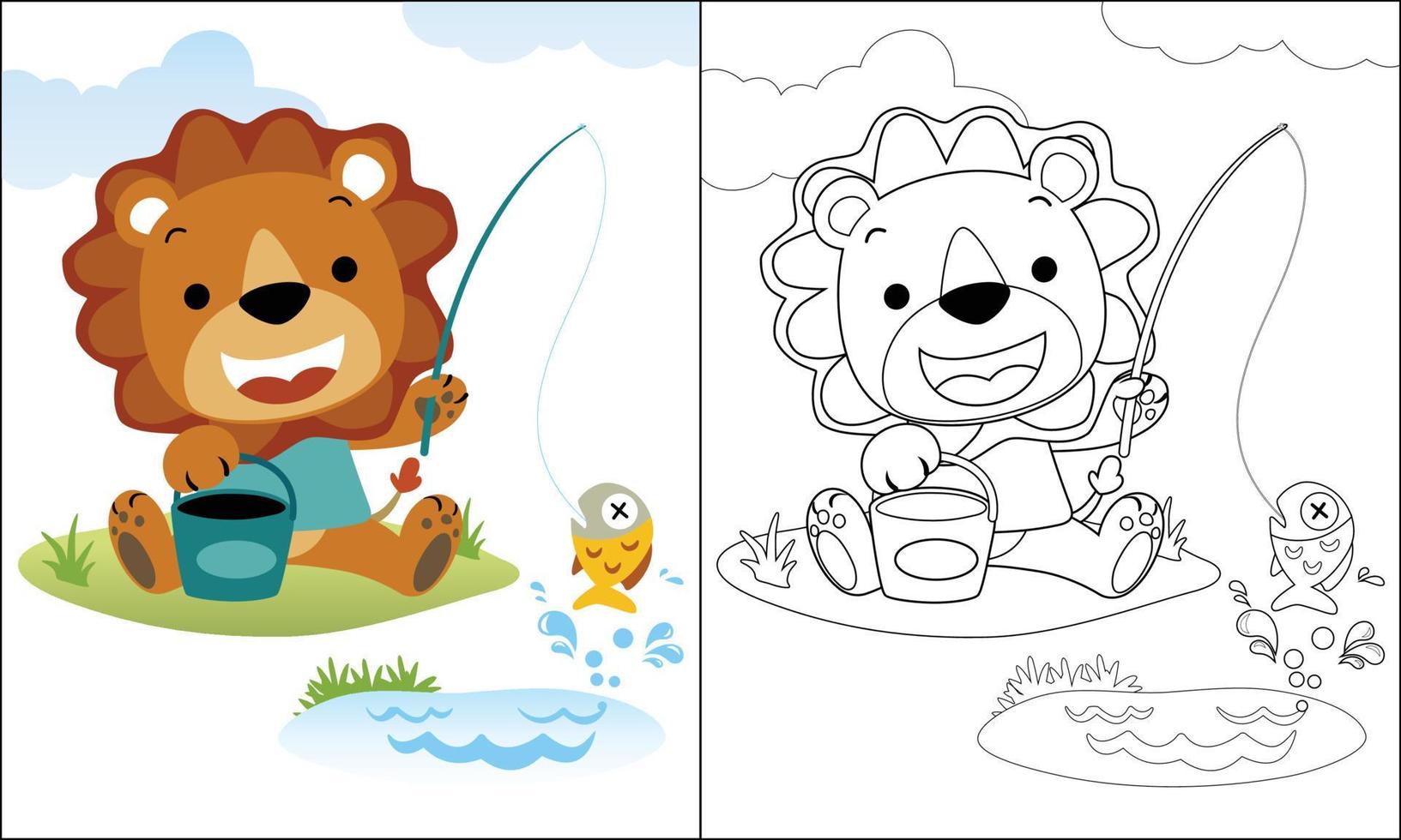 Coloring book or page of cute lion cartoon fishing vector