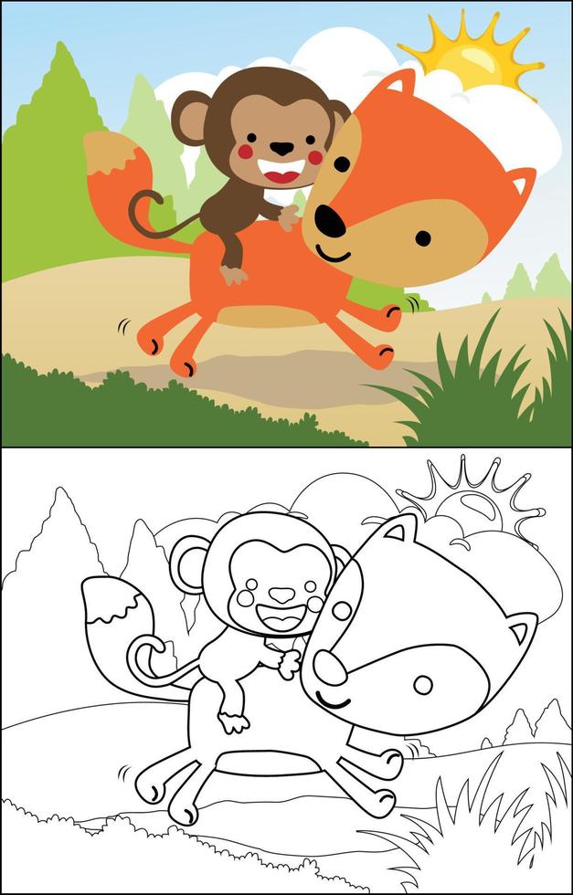 Coloring book of cartoon monkey riding fox back in forest vector