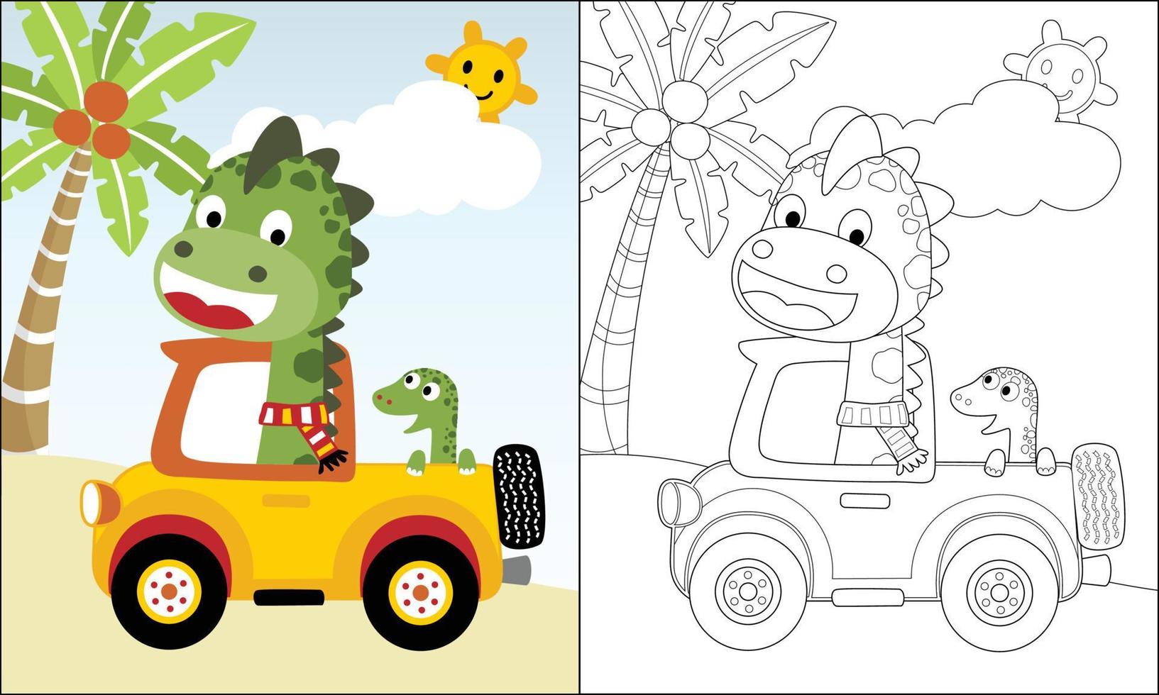 Coloring book of dinosaurs cartoon on truck in the beach at summer holiday vector