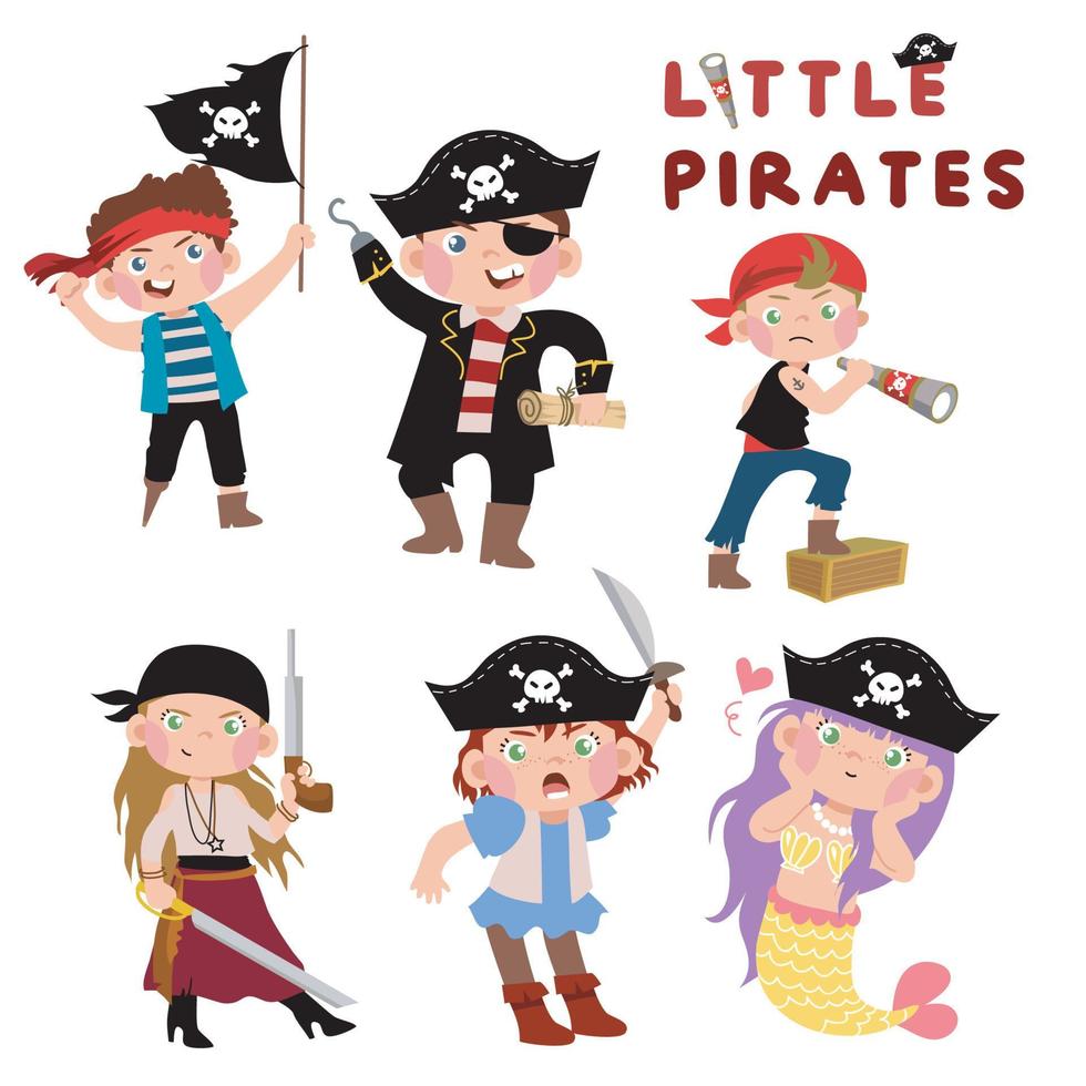 linda pequeño pirata en blanco antecedentes para niños Moda obras de arte, niños libros, cumpleaños invitaciones, saludo tarjetas, carteles fantasía dibujos animados vector ilustración.