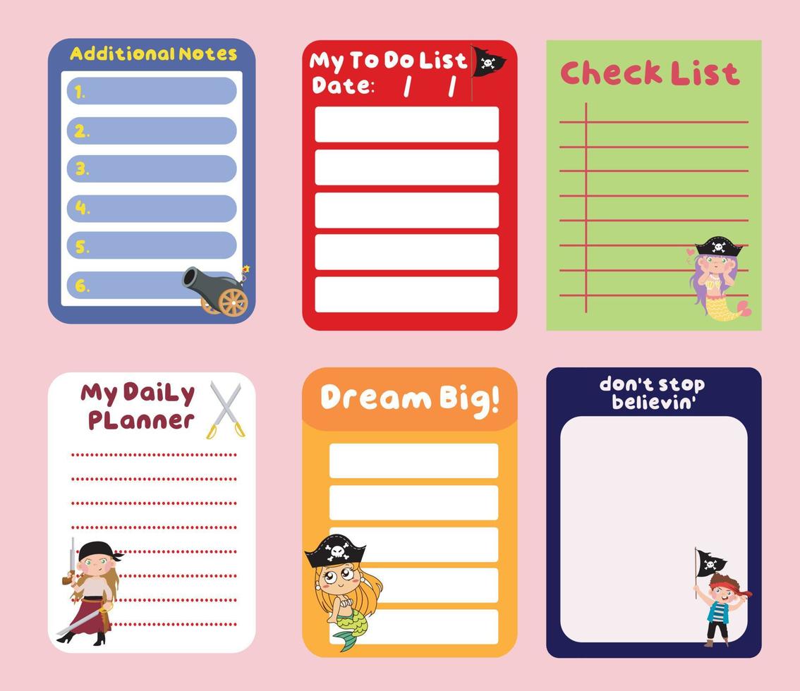 Cute weekly planner background for kids with cute pirates. Vector template for agenda, to do list, checklist and planners.