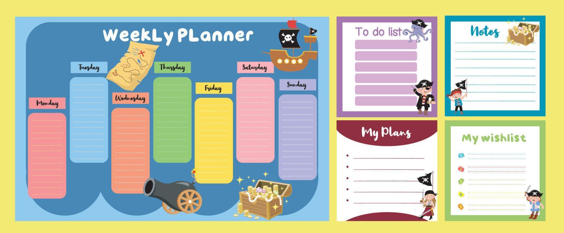 Weekly planner background for kids with cute pirates. Vector template for agenda, planners.