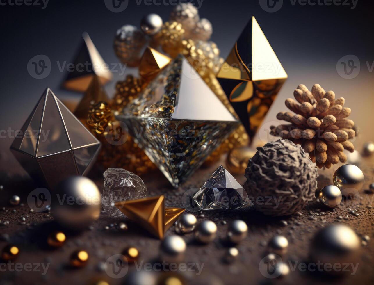 Abstract chaotic geometric background Glossy pyramids and spheres background created with technology photo