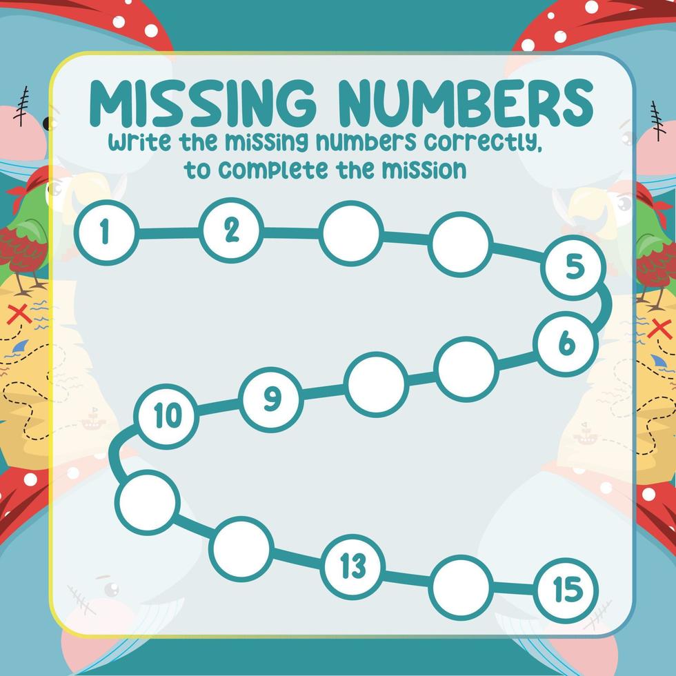 Missing numbers. Write the answer correctly. Educational printable math worksheet. Counting practice. Vector file.