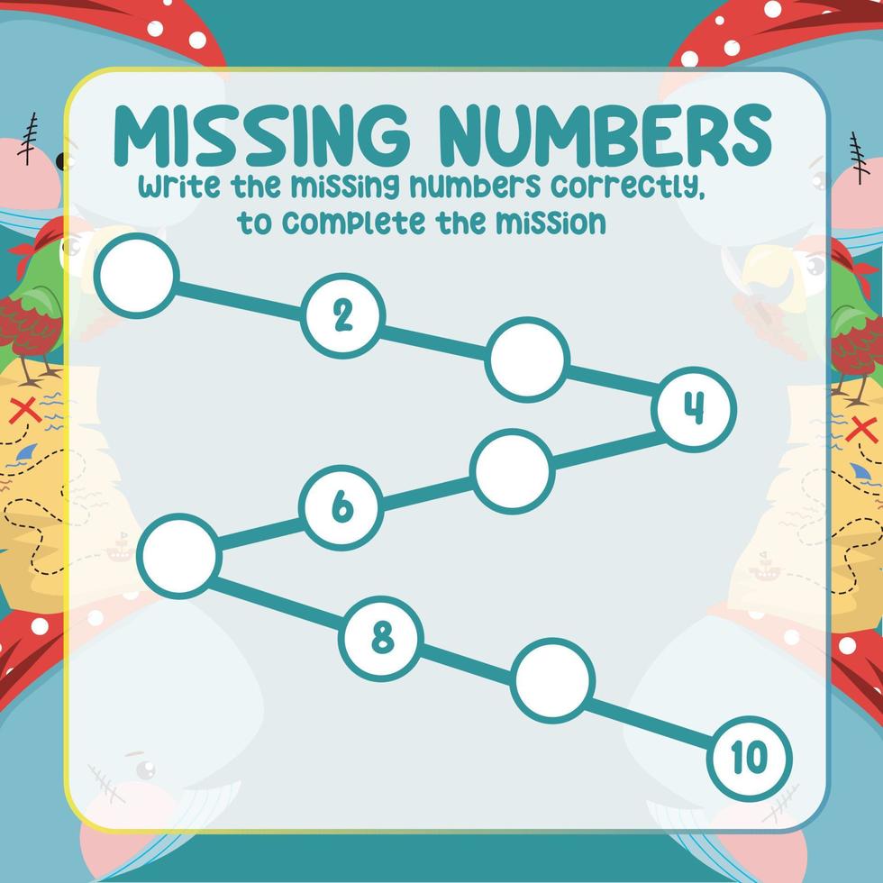 Missing numbers. Write the answer correctly. Educational printable math worksheet. Counting practice. Vector file.