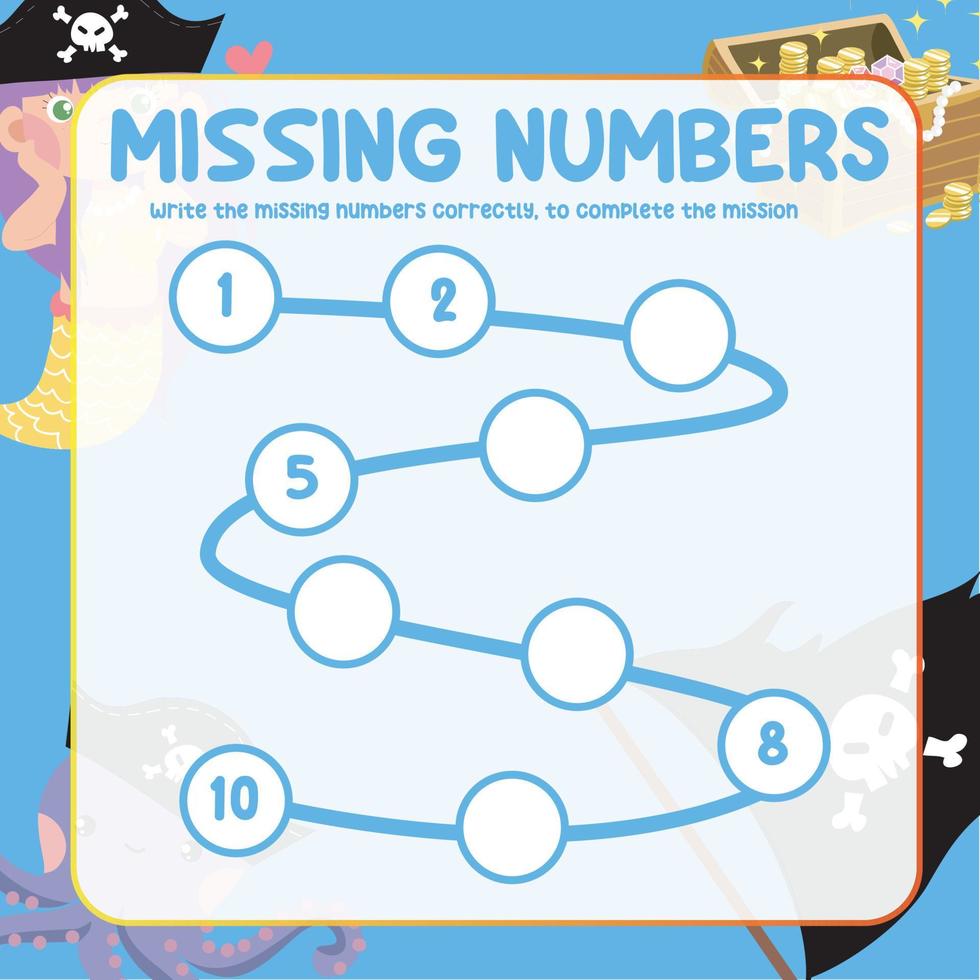 Missing numbers. Write the answer correctly. Educational printable math worksheet. Counting practice. Vector file.