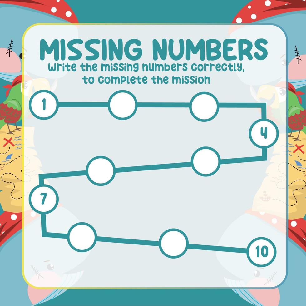 Missing numbers. Write the answer correctly. Educational printable math worksheet. Counting practice. Vector file.