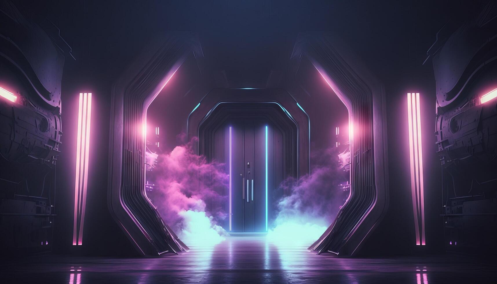 Smoke Fog Futuristic Hall Corridor with Neon Laser Led Blue Purple Glowing Tunnel Metal Reflection. photo