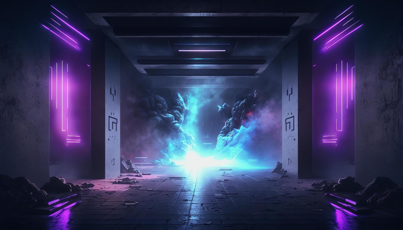 Smoke Fog Futuristic Hall Corridor with Neon Laser Led Blue Purple Glowing Tunnel Metal Reflection. photo
