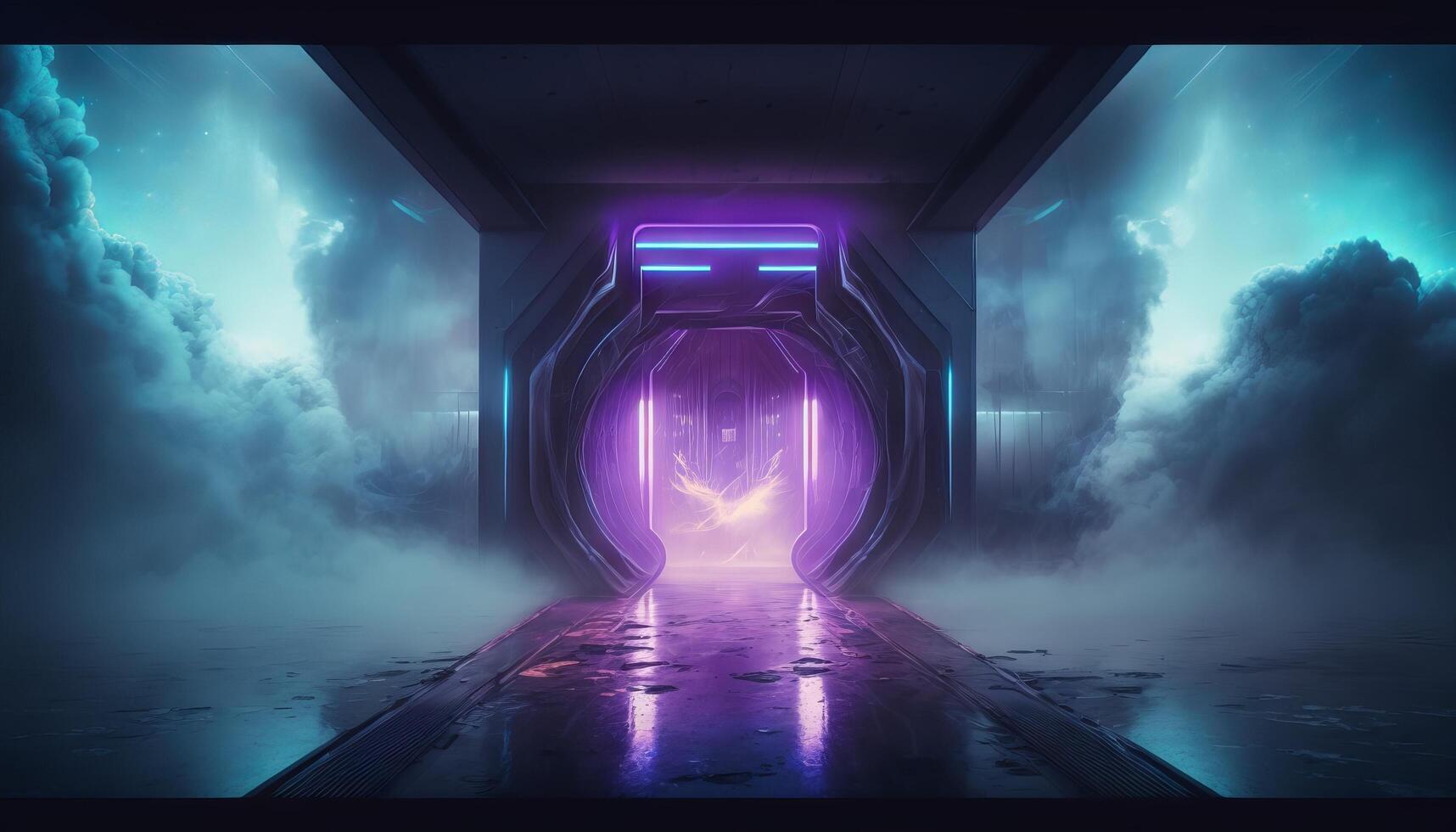 Smoke Fog Futuristic Hall Corridor with Neon Laser Led Blue Purple Glowing Tunnel Metal Reflection. photo