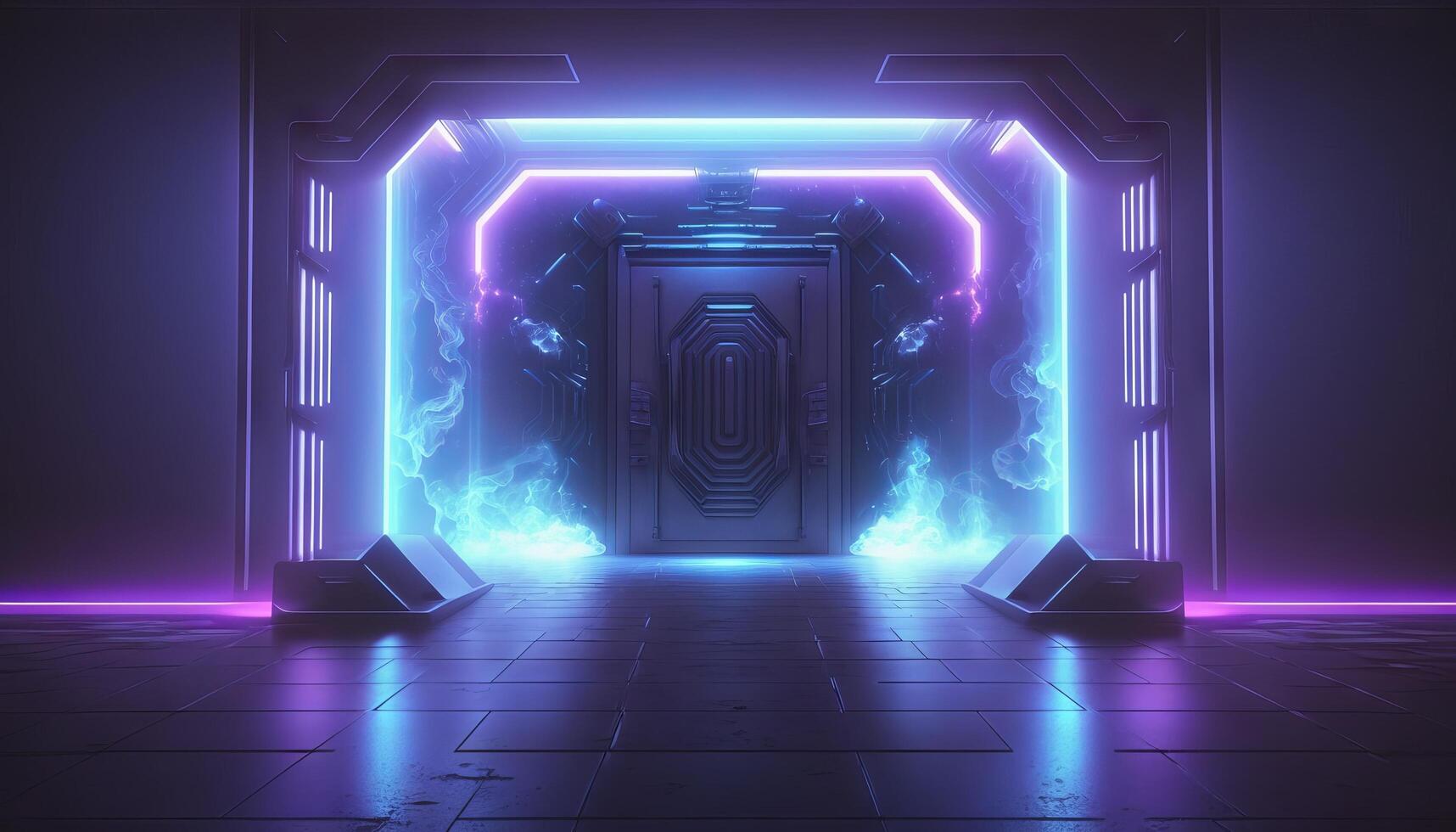 Smoke Fog Futuristic Hall Corridor with Neon Laser Led Blue Purple Glowing Tunnel Metal Reflection. photo