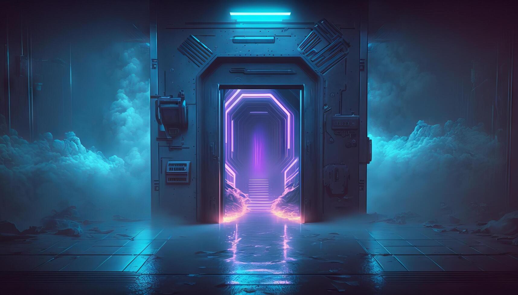 Smoke Fog Futuristic Hall Corridor with Neon Laser Led Blue Purple Glowing Tunnel Metal Reflection. photo