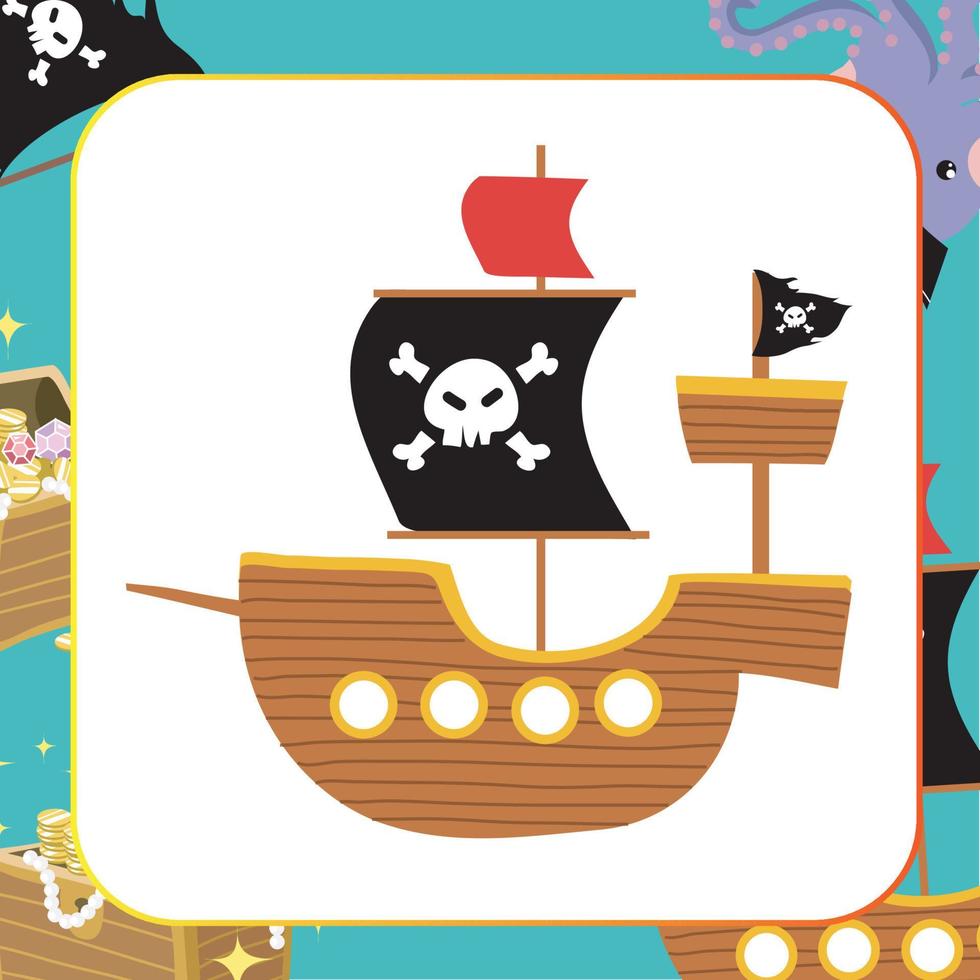 Cute Pirate Flashcard for Children. Ready to print. Printable game card. Educational card for preschool. Vector illustration.