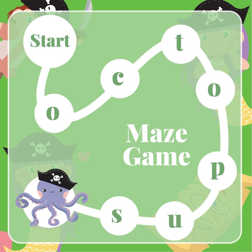 Maze game for children. Pirates worksheet theme. Educational printable sheet. Vector file.