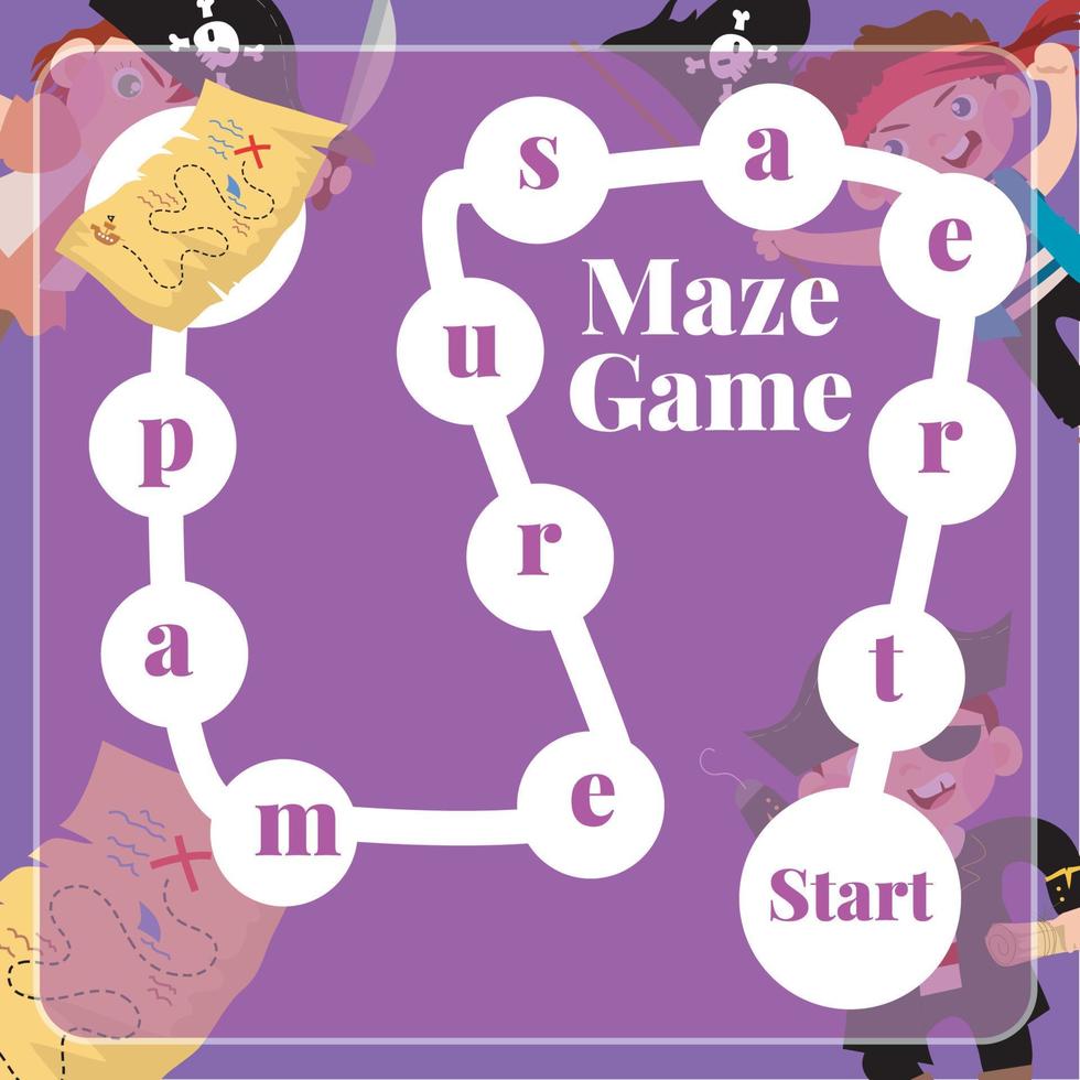 Maze game for children. Pirates worksheet theme. Educational printable sheet. Vector file.