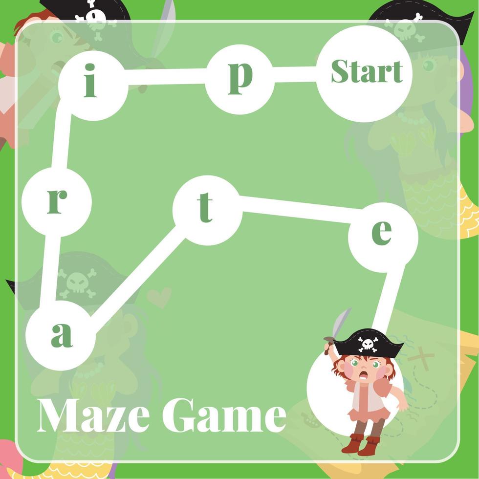 Maze game for children. Pirates worksheet theme. Educational printable sheet. Vector file.