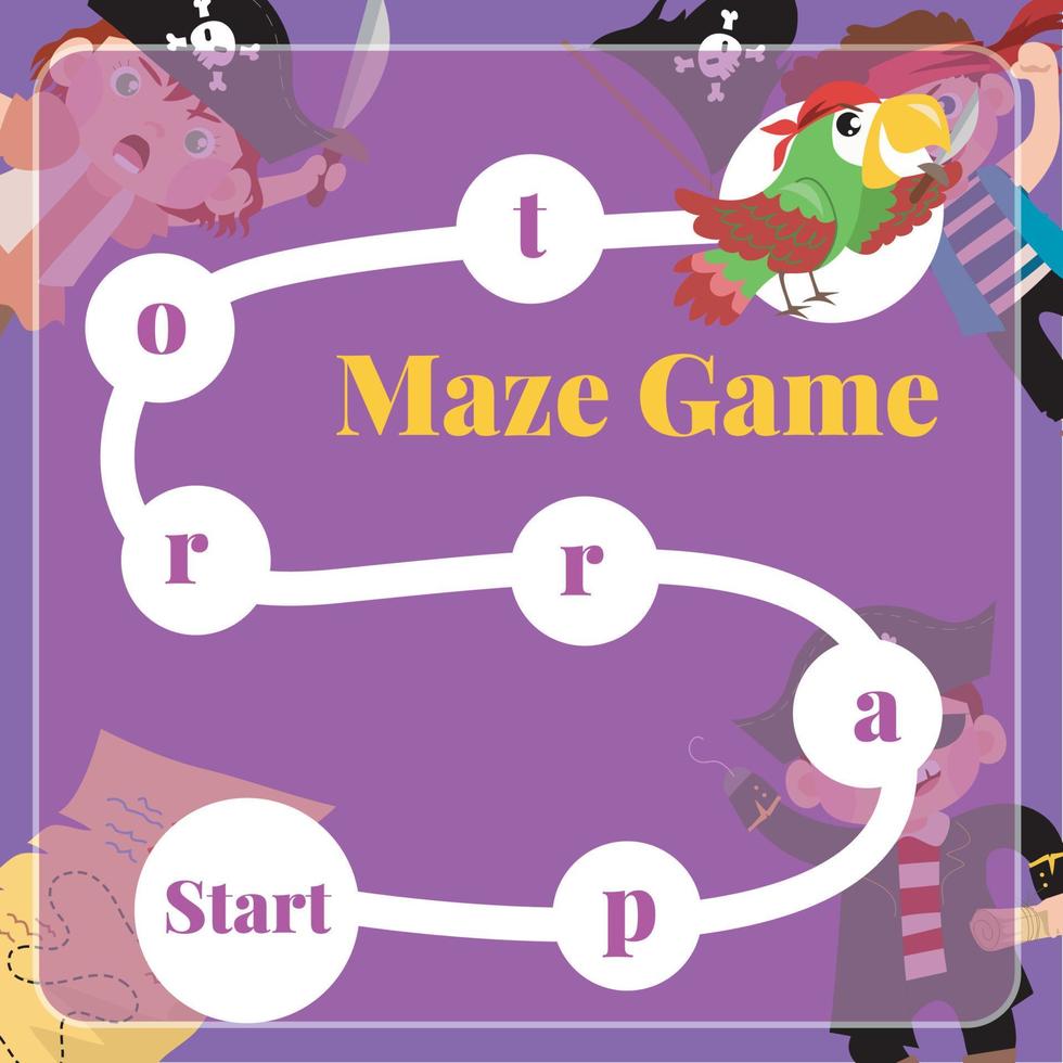 Maze game for children. Pirates worksheet theme. Educational printable sheet. Vector file.