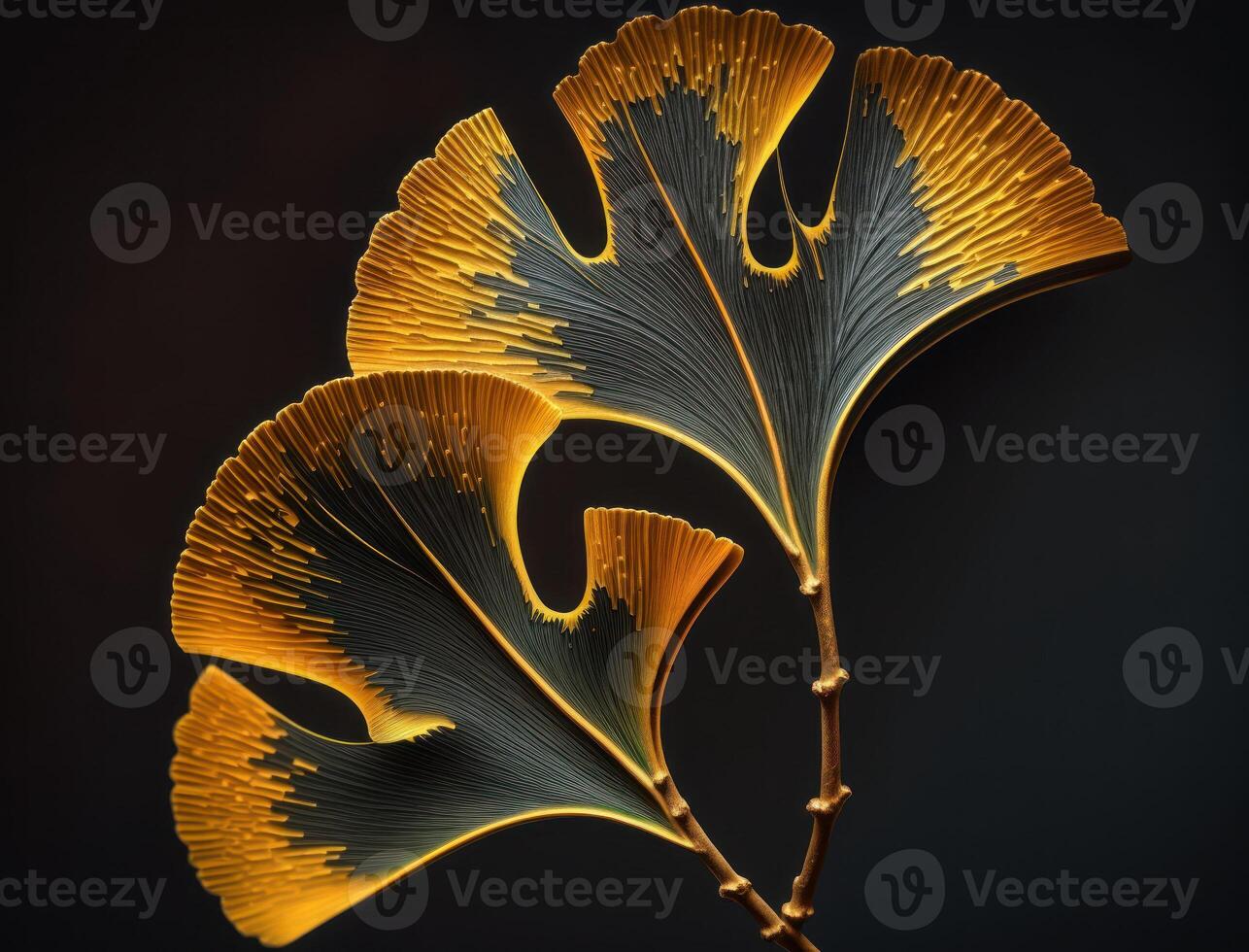 Ginkgo biloba golden leaves Dark background created with technology photo
