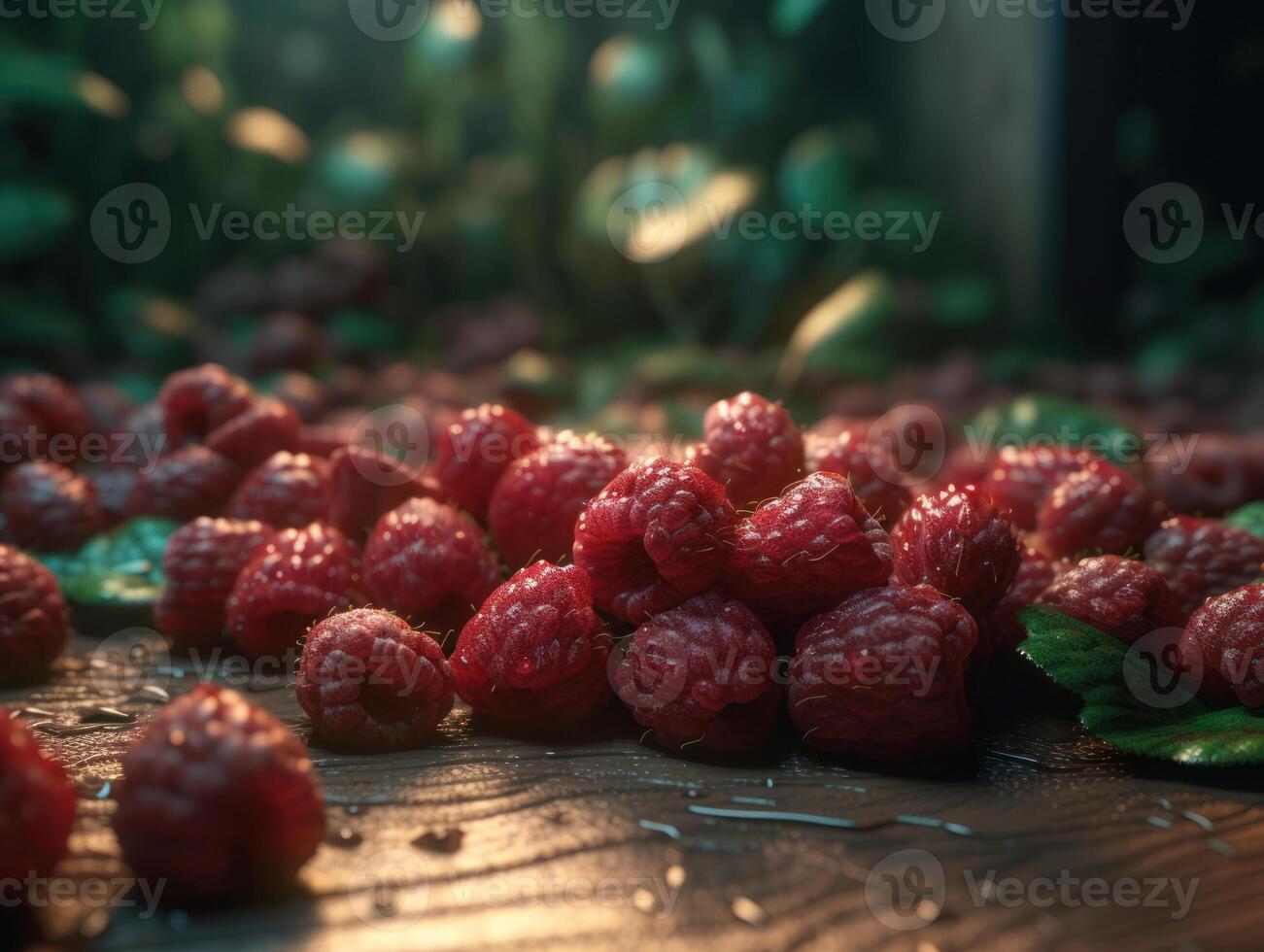 Beautiful organic background of freshly picked raspberries created with technology photo