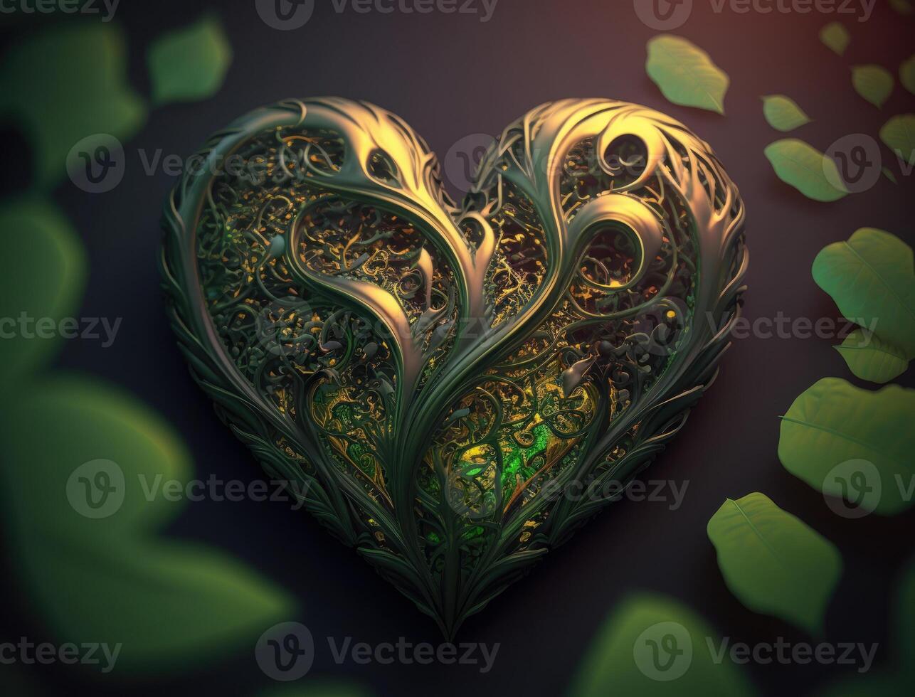Green and gold metallic heart that represents environmental protection created with technology photo