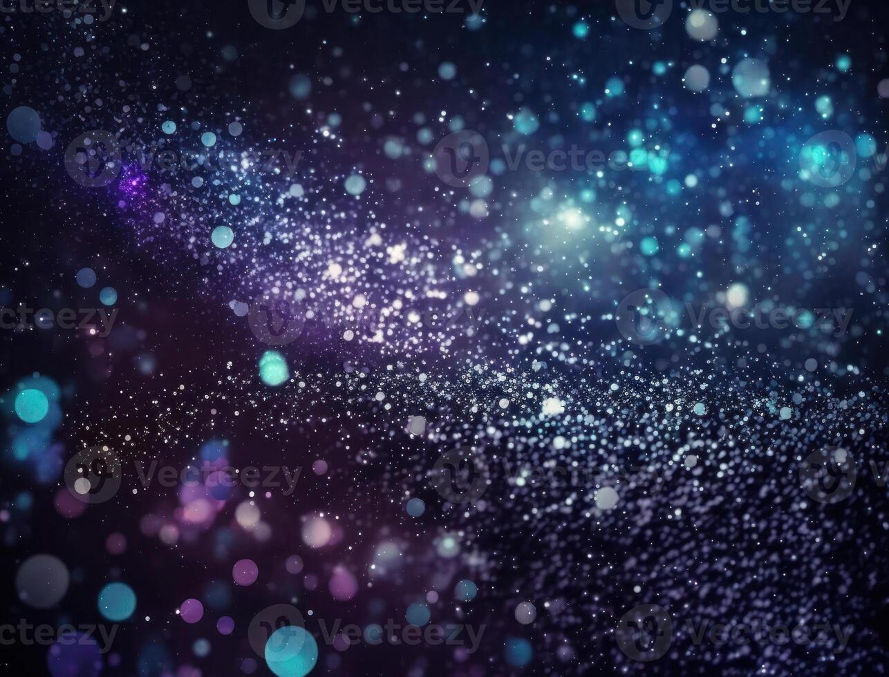 Dark blue and glow particle abstract background Blurry bokeh background with sparkles, particles and glitter created with technology photo