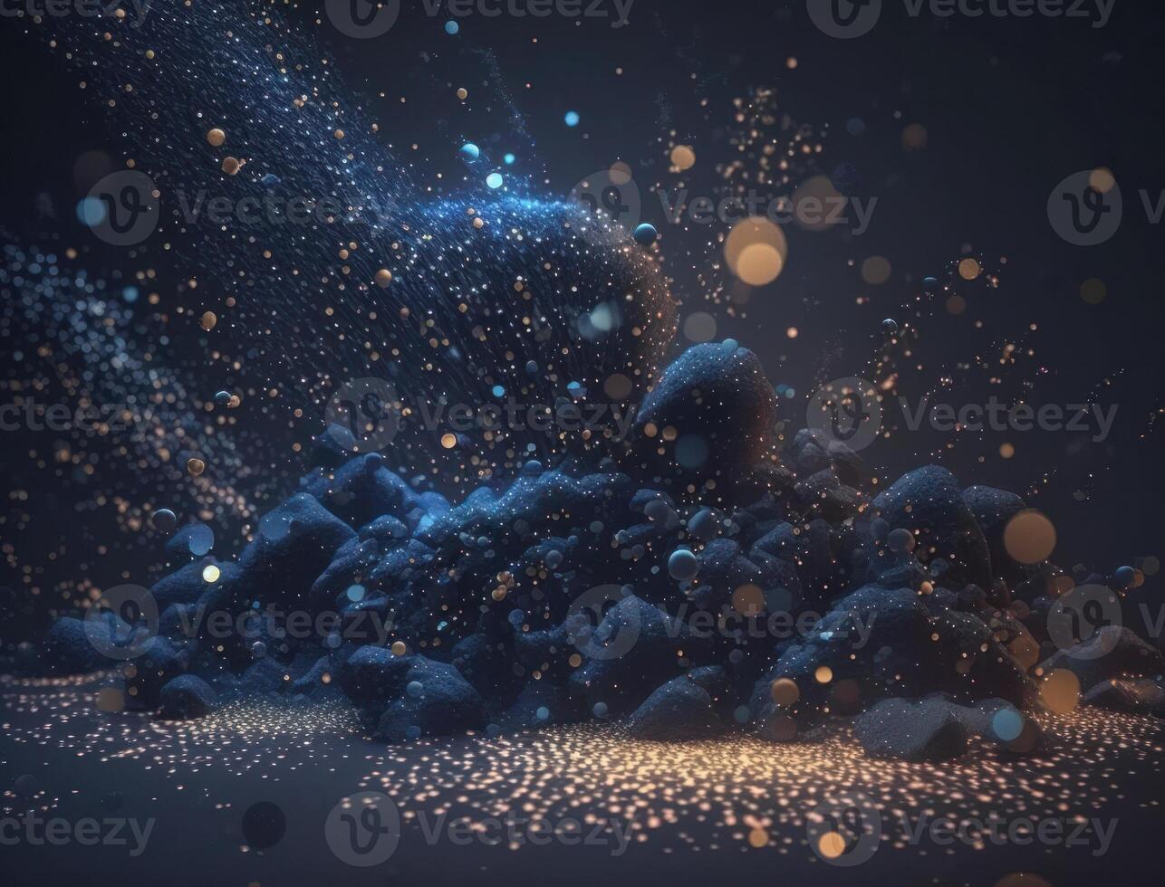Dark blue and glow particle abstract background Blurry bokeh background with sparkles, particles and glitter created with technology photo