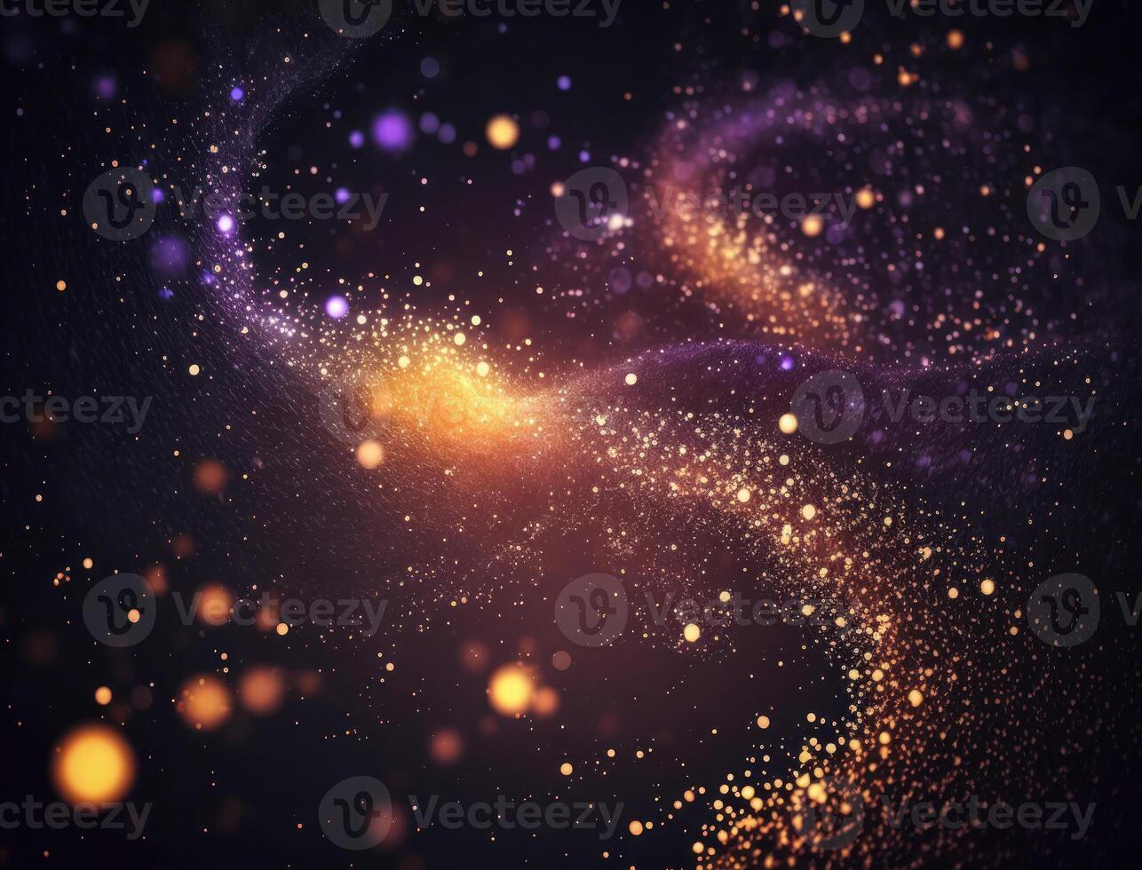 Dark blue and glow particle abstract background Blurry bokeh background with sparkles, particles and glitter created with technology photo
