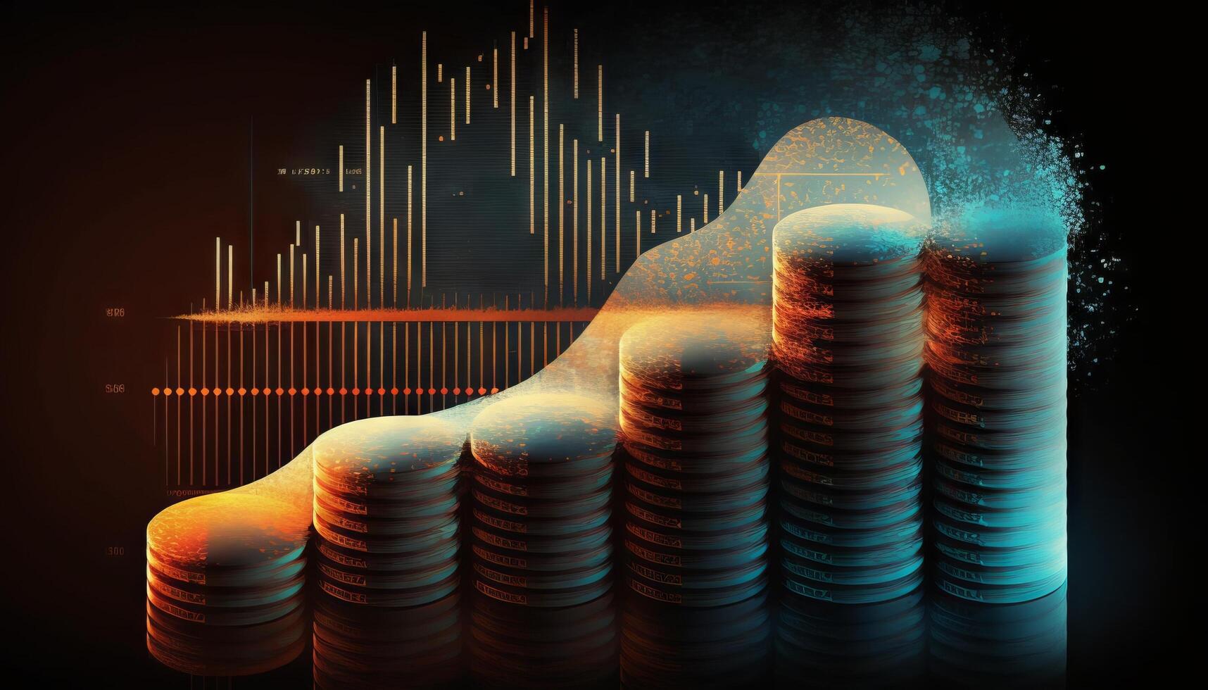 Double exposure of graph and rows of coins for finance and business concept. photo