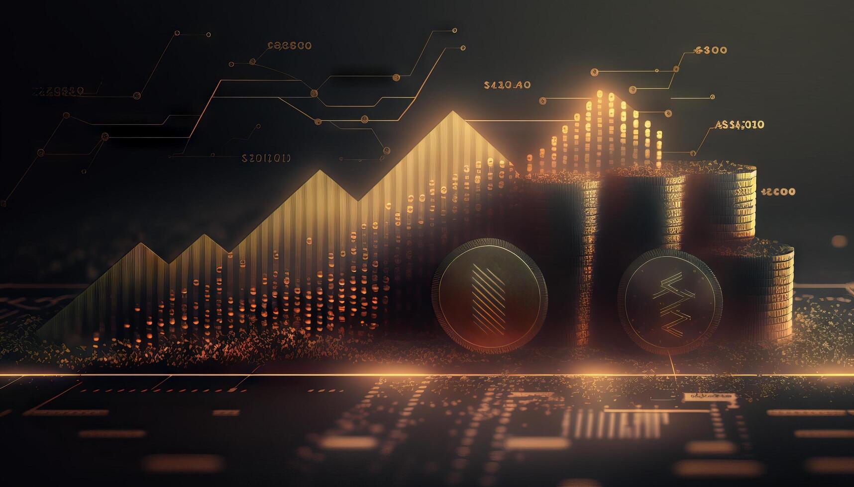 Double exposure of graph and rows of coins for finance and business concept. photo