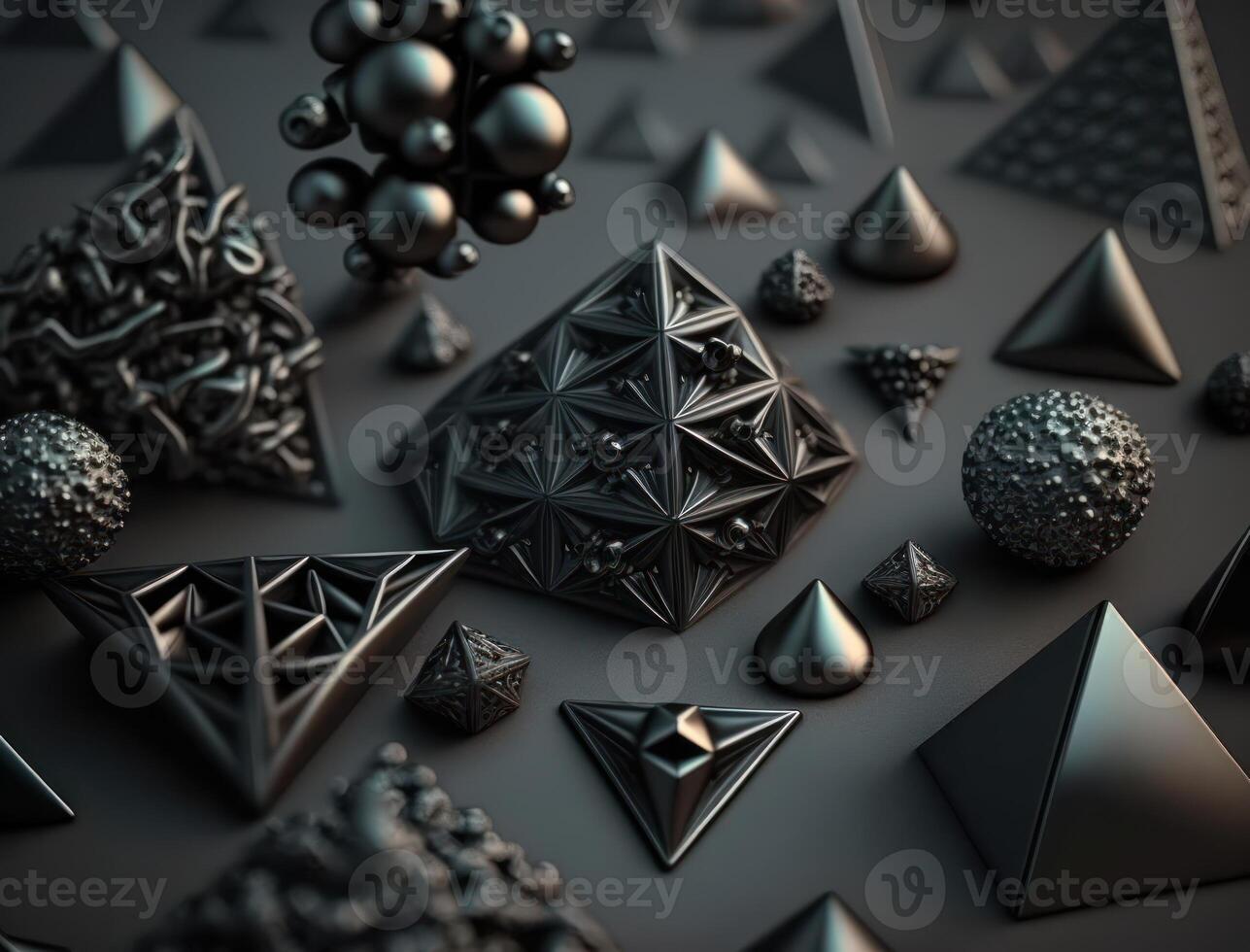 Abstract black geometric background Various pyramides shapes Flat lay created with technology photo