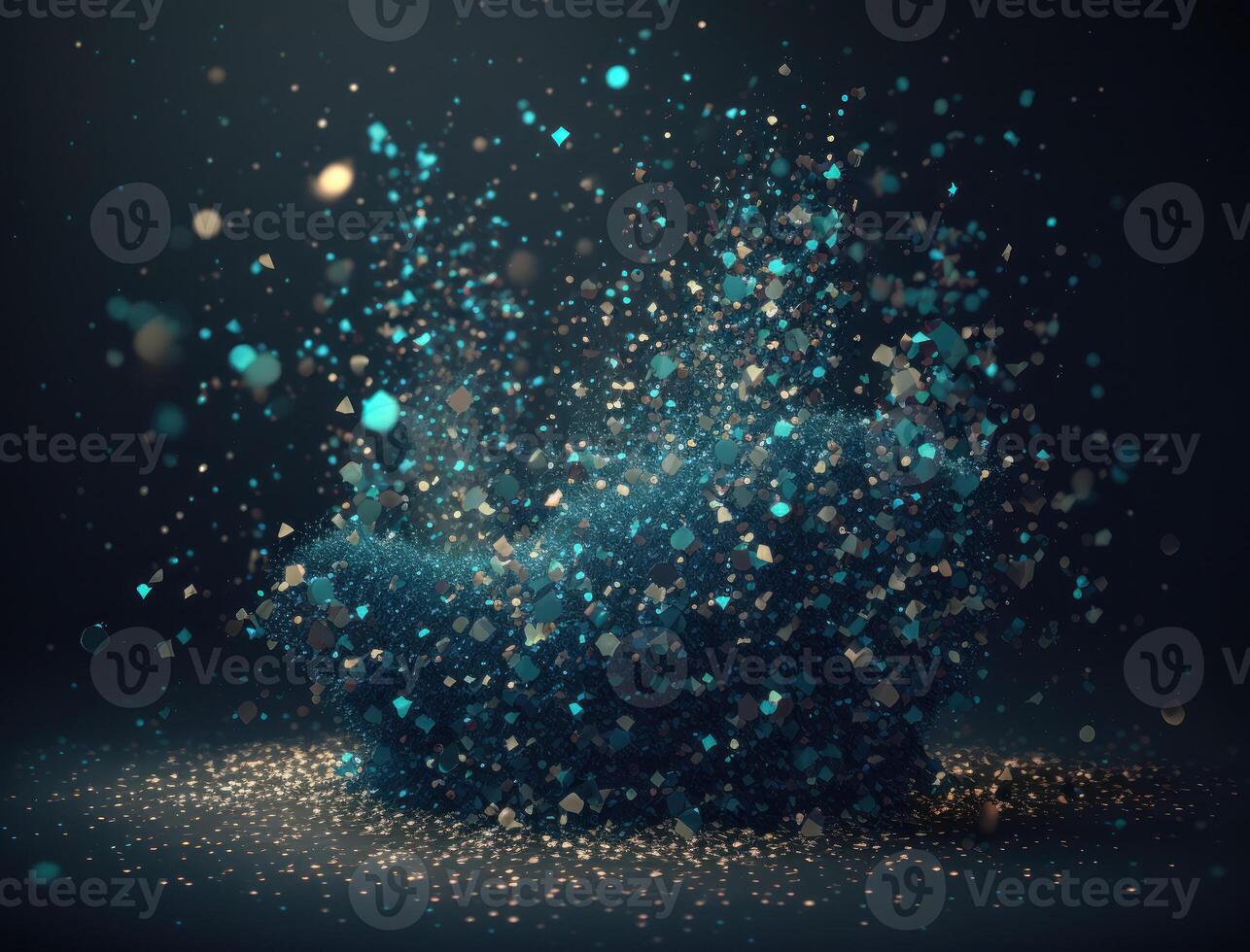 Dark blue and glow particle abstract background Blurry bokeh background with sparkles, particles and glitter created with technology photo