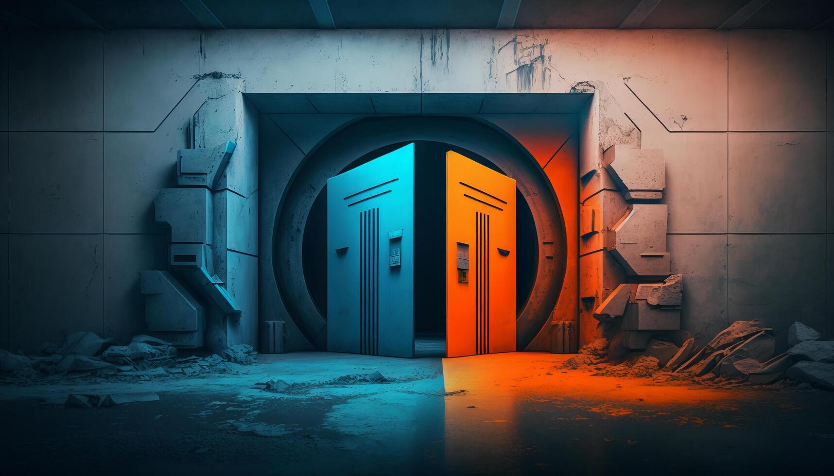 Underground Neon Orange Blue Sci Fi Futuristic Rock Wall Concrete Basement Parking. photo