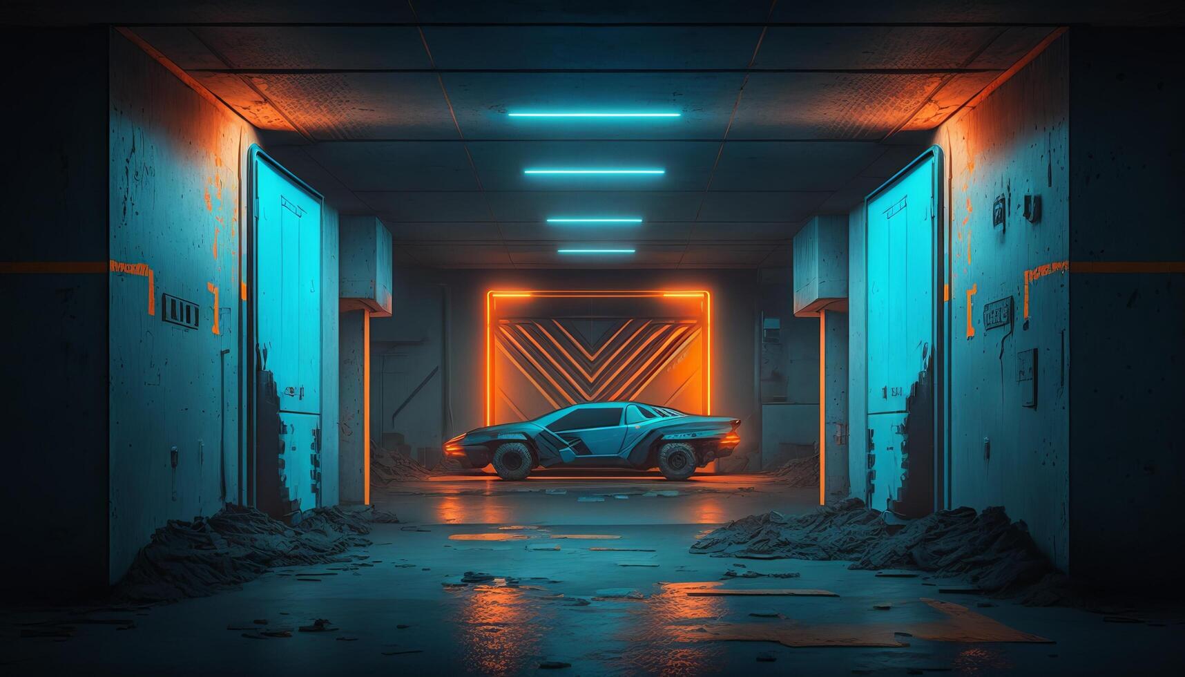 Underground Neon Orange Blue Sci Fi Futuristic Rock Wall Concrete Basement Parking. photo