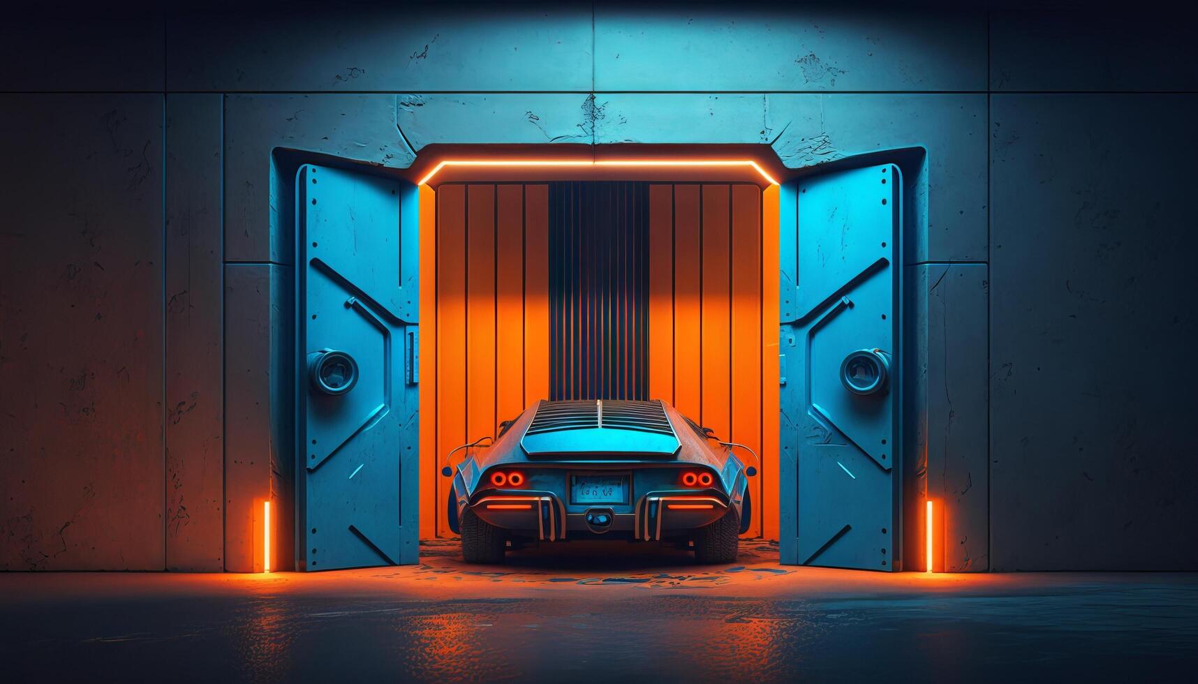 Underground Neon Orange Blue Sci Fi Futuristic Rock Wall Concrete Basement Parking. photo