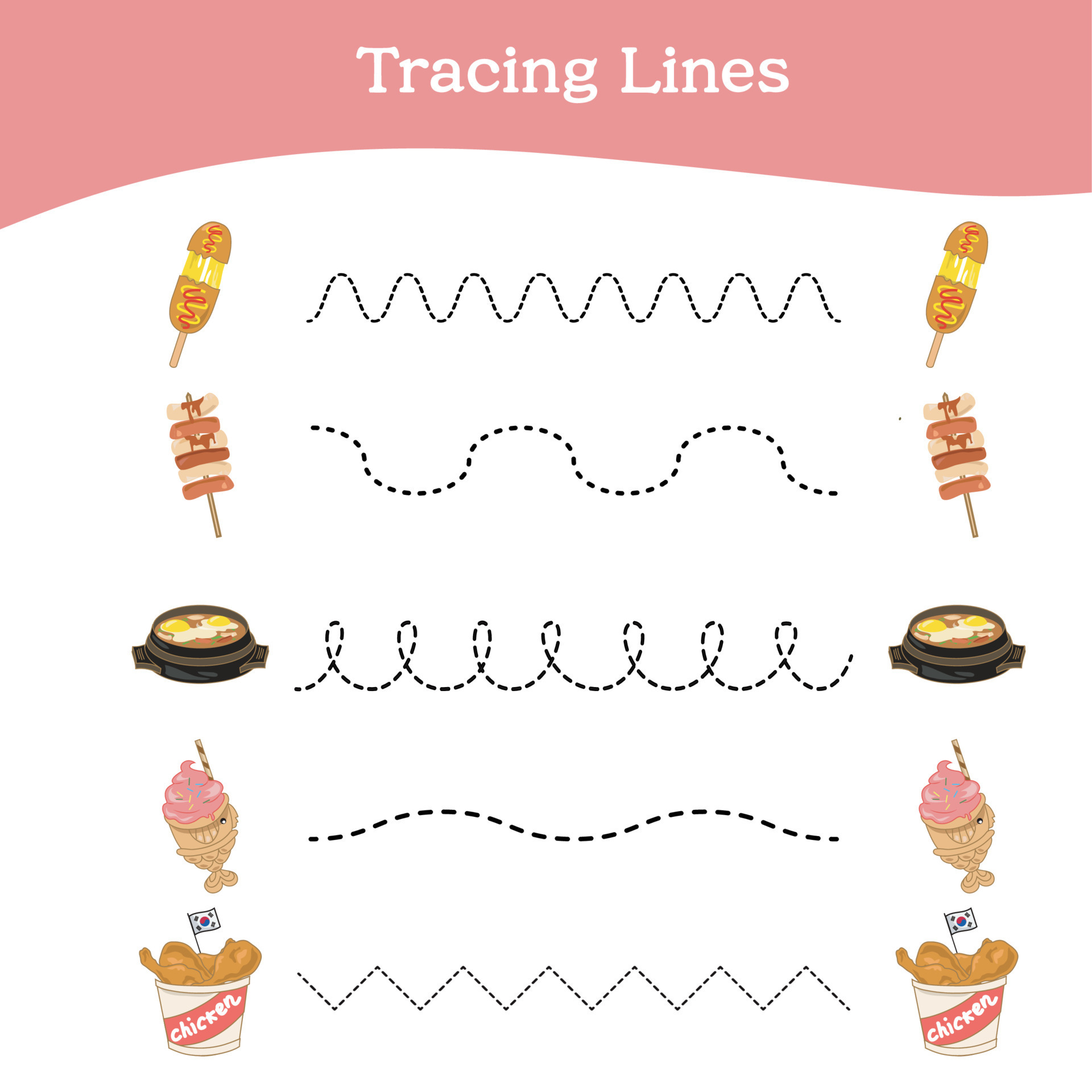 Tracing Lines worksheet game. Food Tracing Lines Worksheet. Cute kawaii